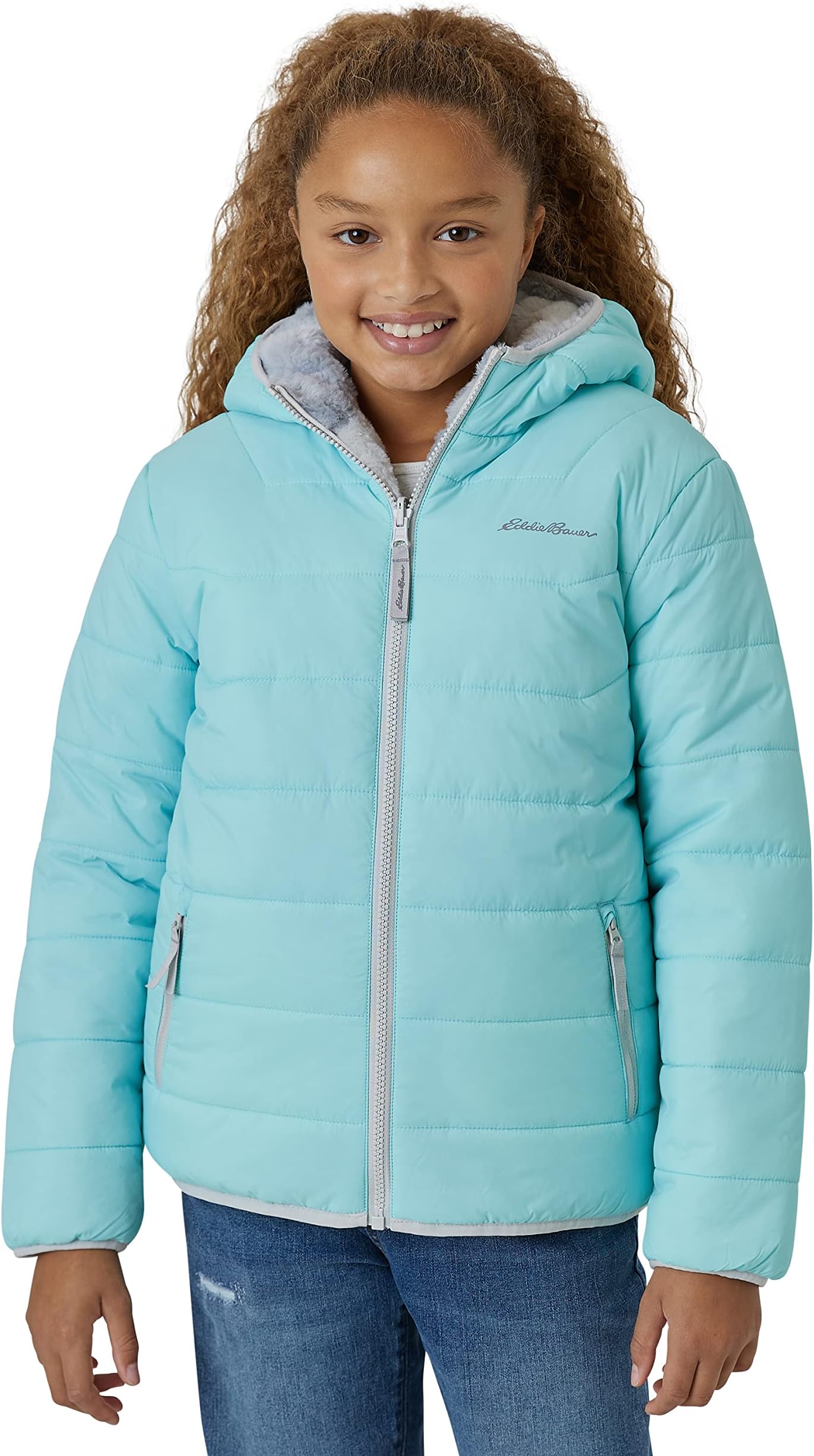 Eddie BauerGirls' Reversible Jacket - Deer Harbor Waterproof Lightweight Puffer Coat with Faux Shearling Lining (5-20)