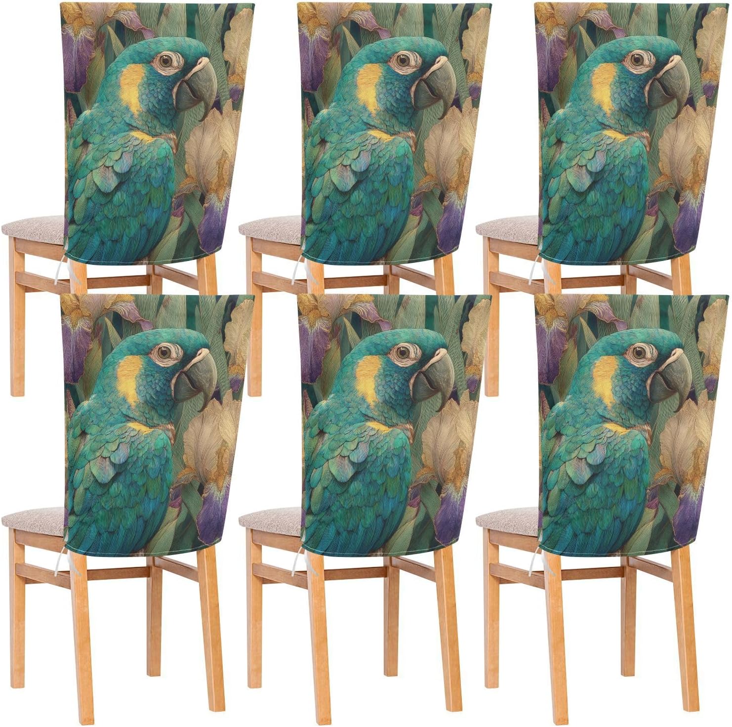 ALAZA Iris Flowers and Parrot Birds Chair Back Cover Set of 6, Washable Reusable Removable Chair Slipcovers Decorative Chair Cover for Home Kitchen Wedding Party
