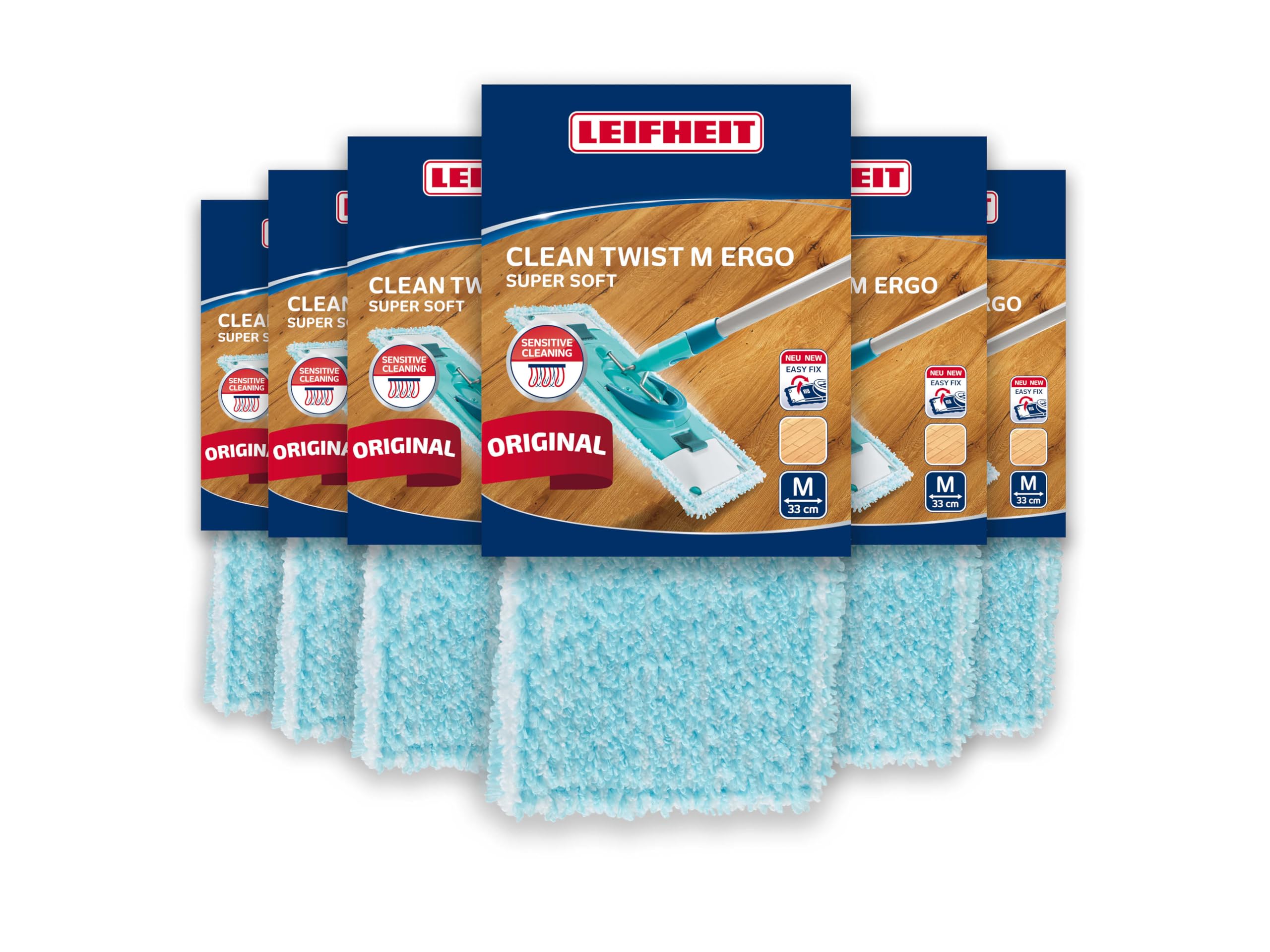 Leifheit Original Wischbezug CLEAN TWIST M Ergo/Power Clean super soft, Bodenwischer Ersatzbezug mit Spezialfasern, Wischmopp für minimale Wasseraufnahme, für Parkett, Laminat, Echtholz, Kork, 6er Set