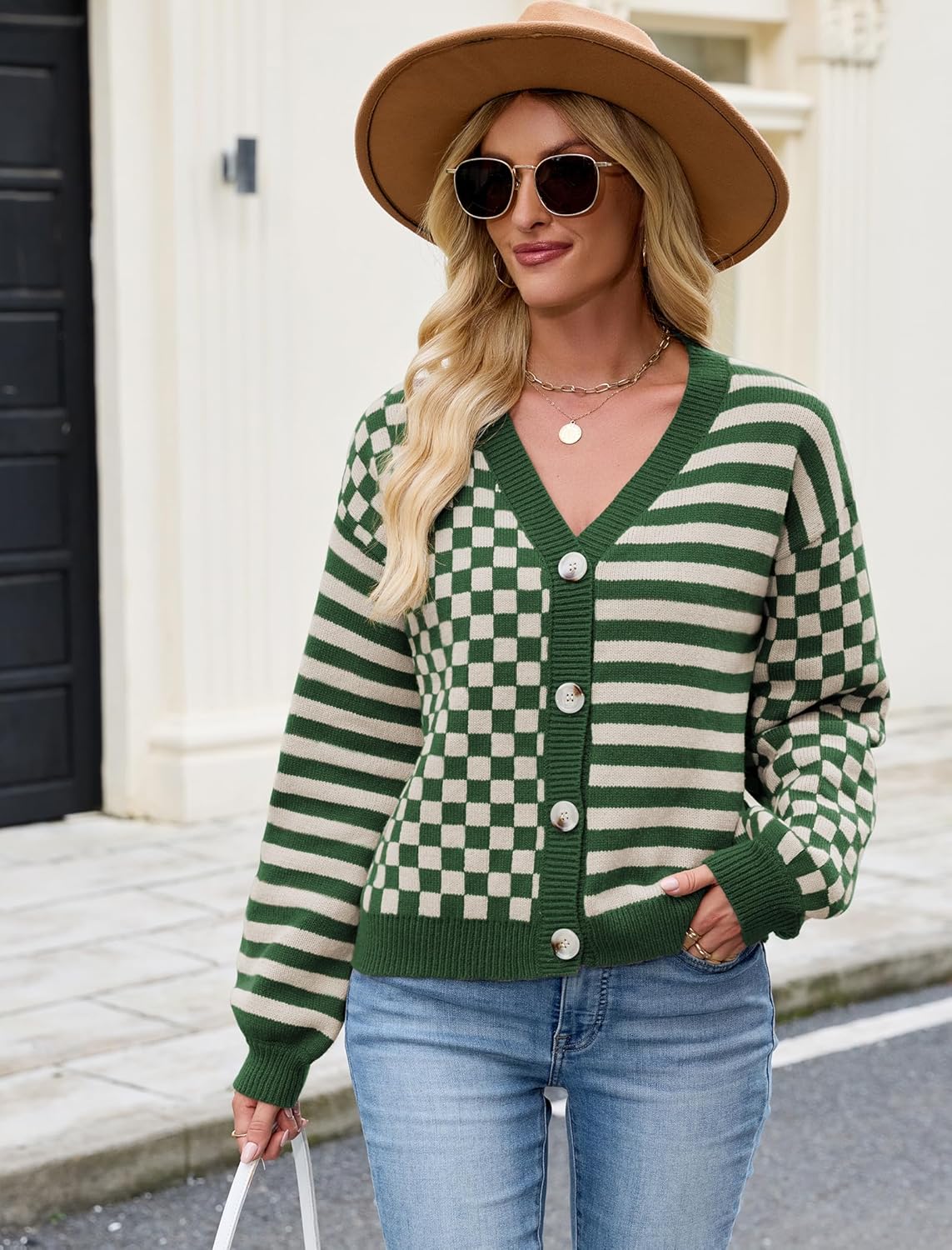 ZAFUL Cardigan Sweaters for Women Trendy Fall 2025 Striped Checkered Button Down Oversized Knit Sweater Outerwear - Image 2