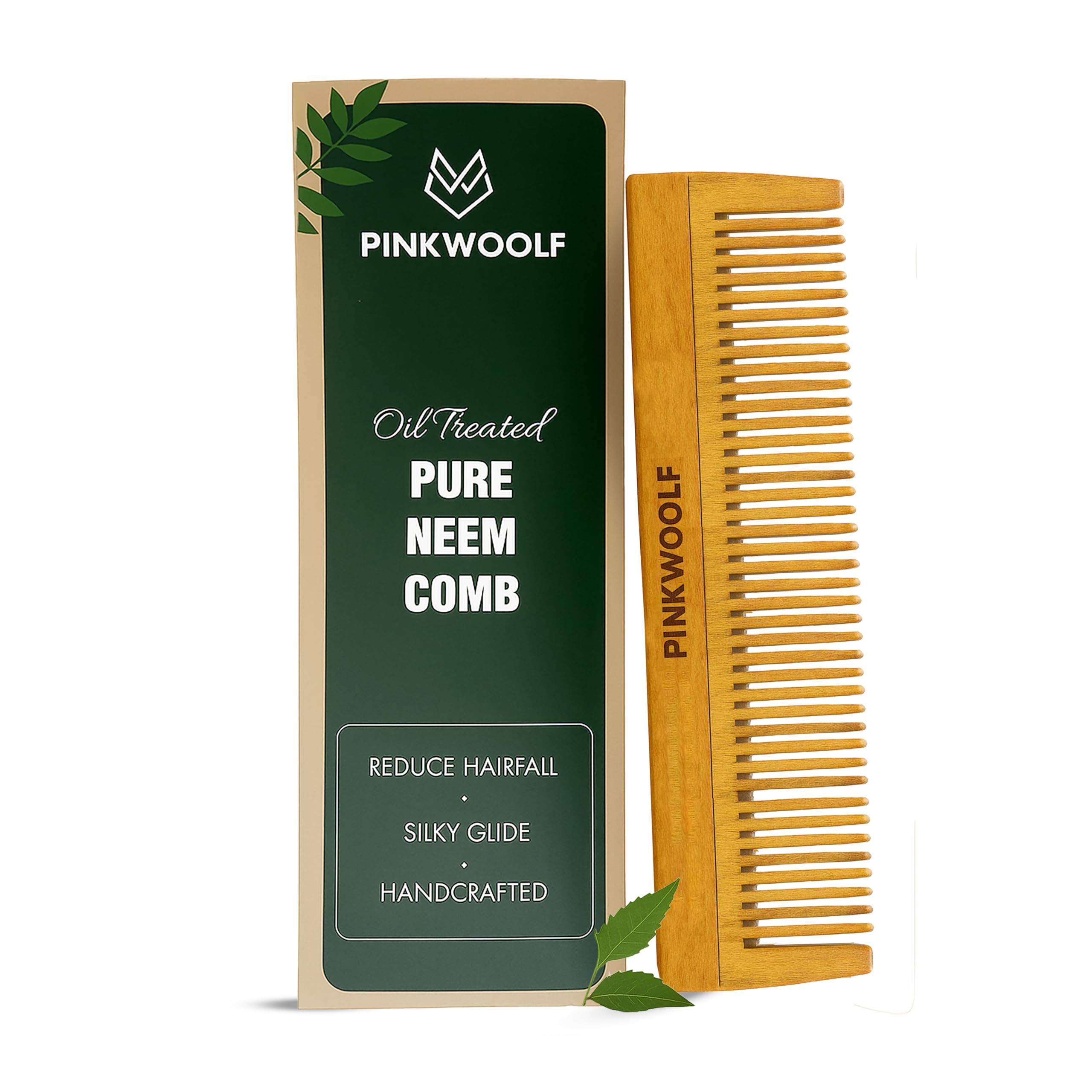 Pink Woolf Organic Neem Wood Comb (LONG) | Women & Men | Natural & Eco Friendly | Wide Tooth Styling Comb for All Hair Types | Made in India
