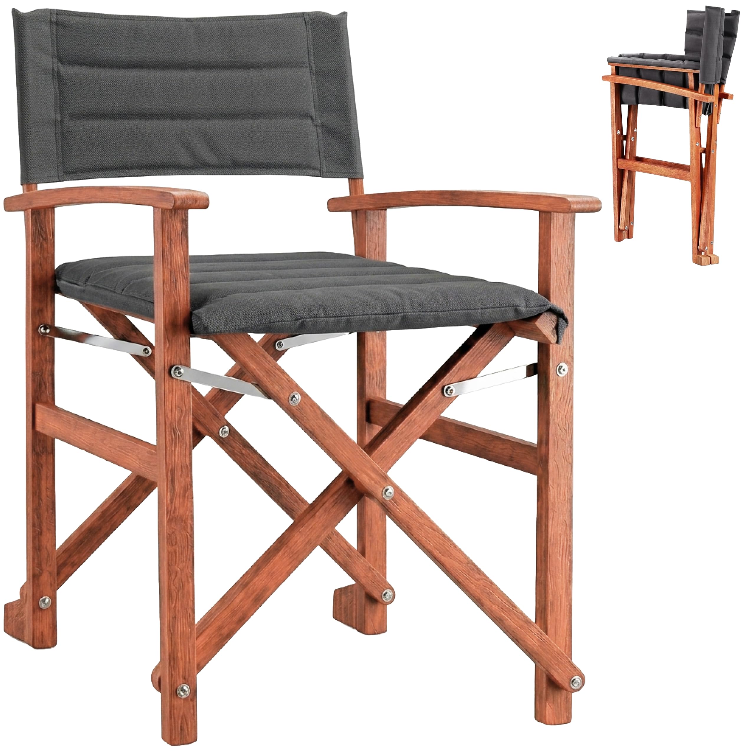 CASARIA Wooden Garden Directors Chair Folding, Foldable, Padded Seat, Grey