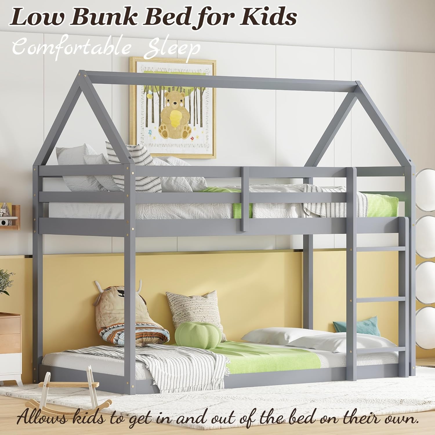 House Bunk Beds Twin Over Twin,Rubber Wood Tree House Bunk Bed for Kids,Floor Bunk Bed Frame with Roof and Guardrails for Baby Girls Boys,Grey