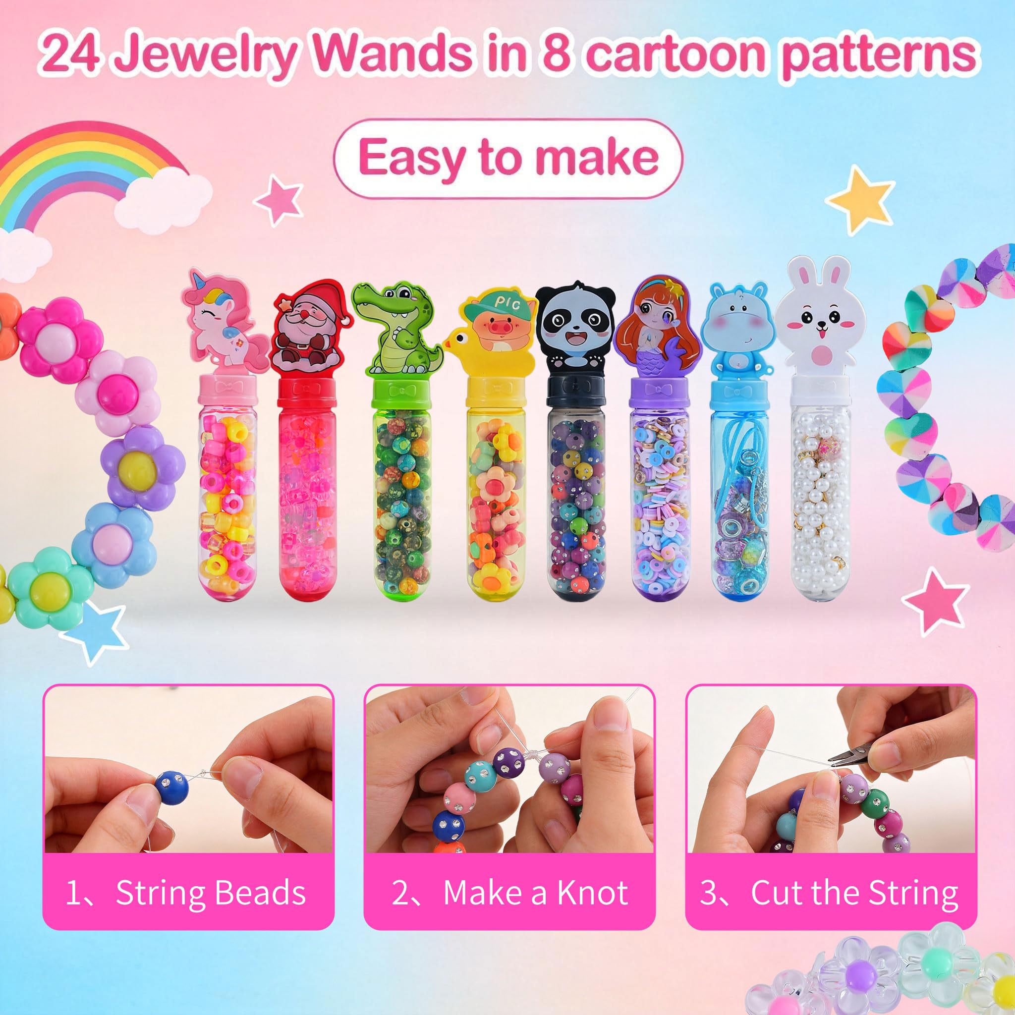 AIPRIDY Kit creativo di perline per bambini, 24 stili, 24 bacchette per bracciali, premi in classe, sacchetti per regali, età 4+ (vetro + plastica misti)