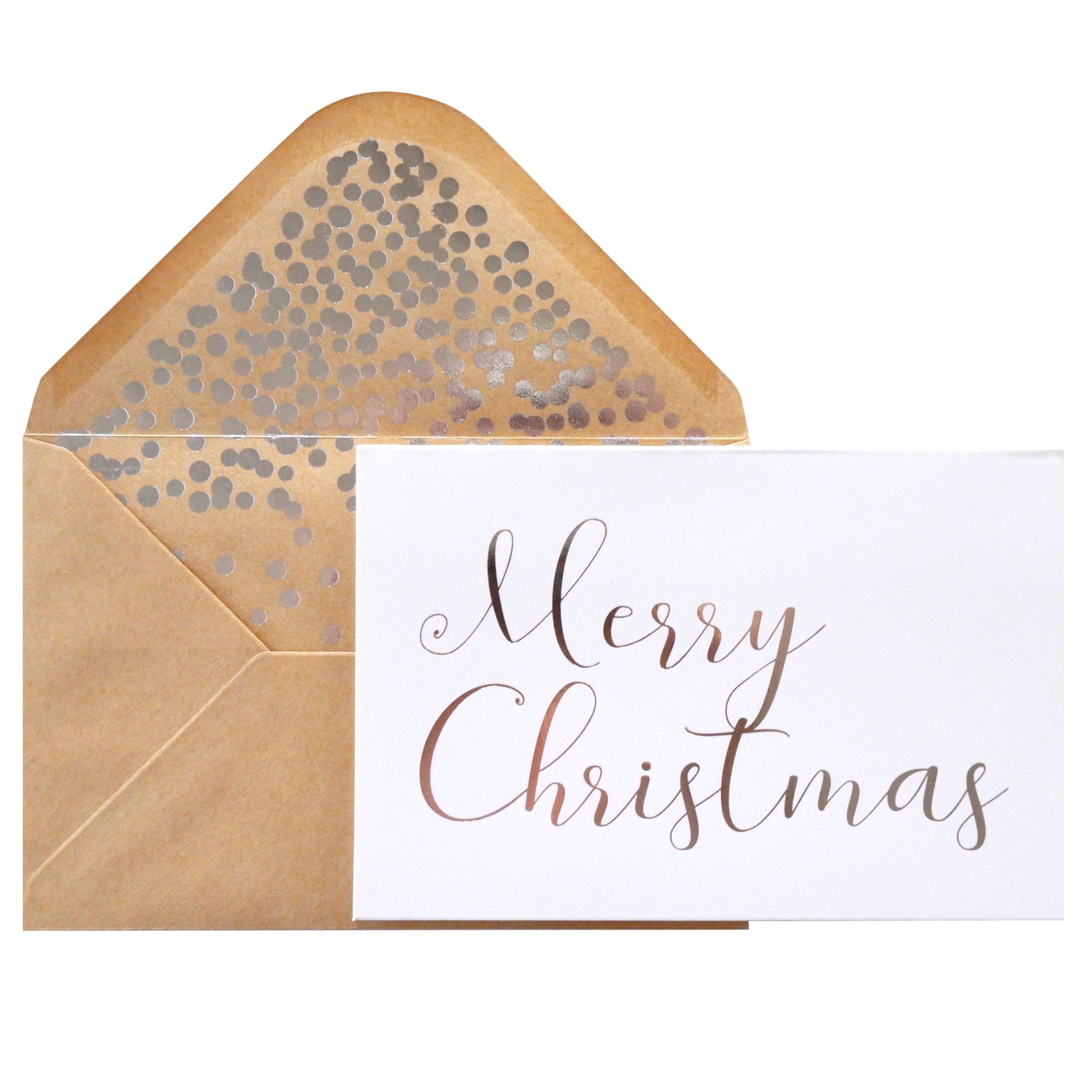 Tarjetas de Navidad plateadas, paquete de 50 tarjetas de felicitación blancas de Feliz Navidad en acabado mate con letras plateadas, incluye 52 sobres de papel kraft de confeti de lámina plateada, 4 x
