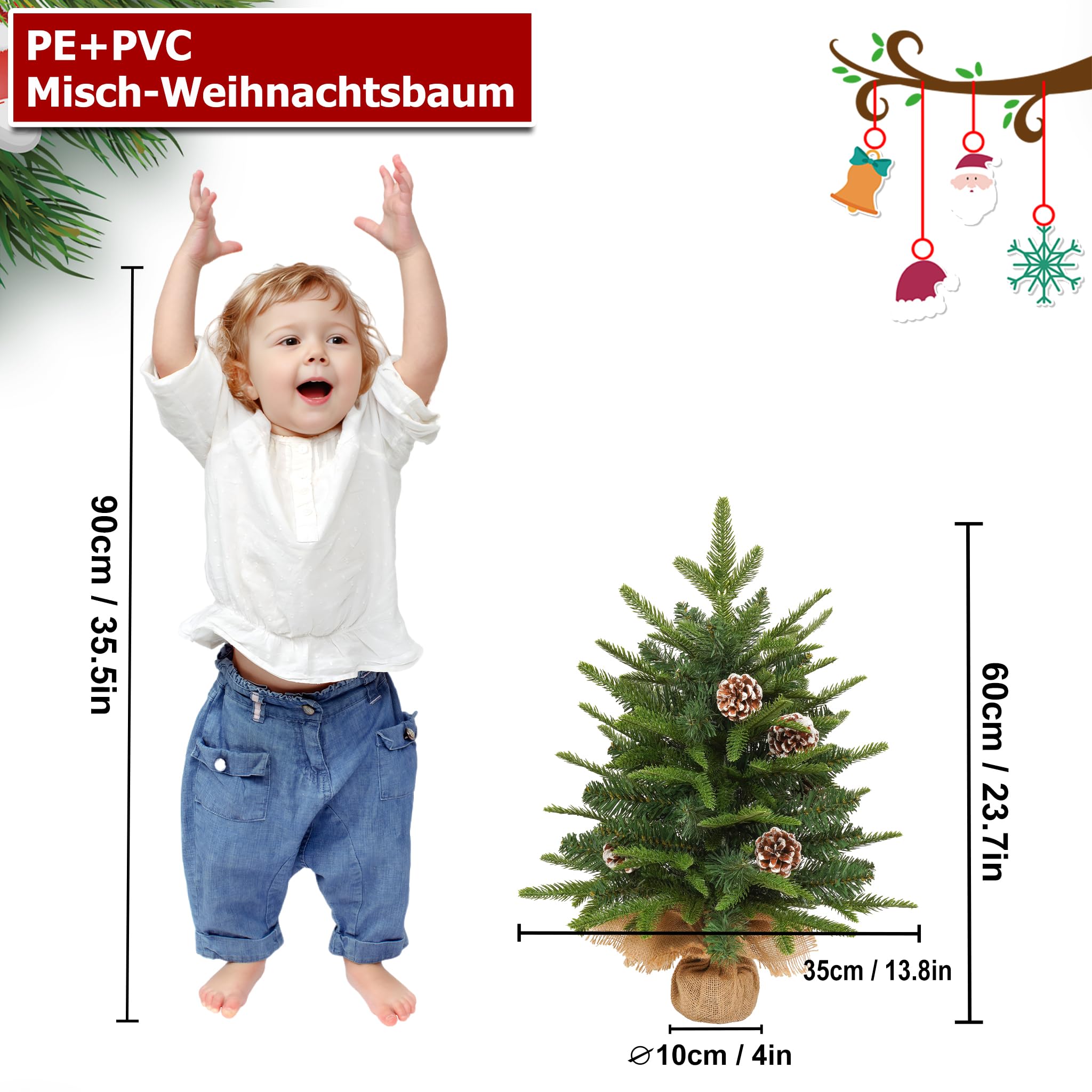 LILIIN Mini árbol de Navidad decorativo de 60 cm de PVC + PE, árbol de Navidad artificial, pequeño árbol de Navidad con cadena de luces LED, incluye caja de pilas y base (juego de 2)
