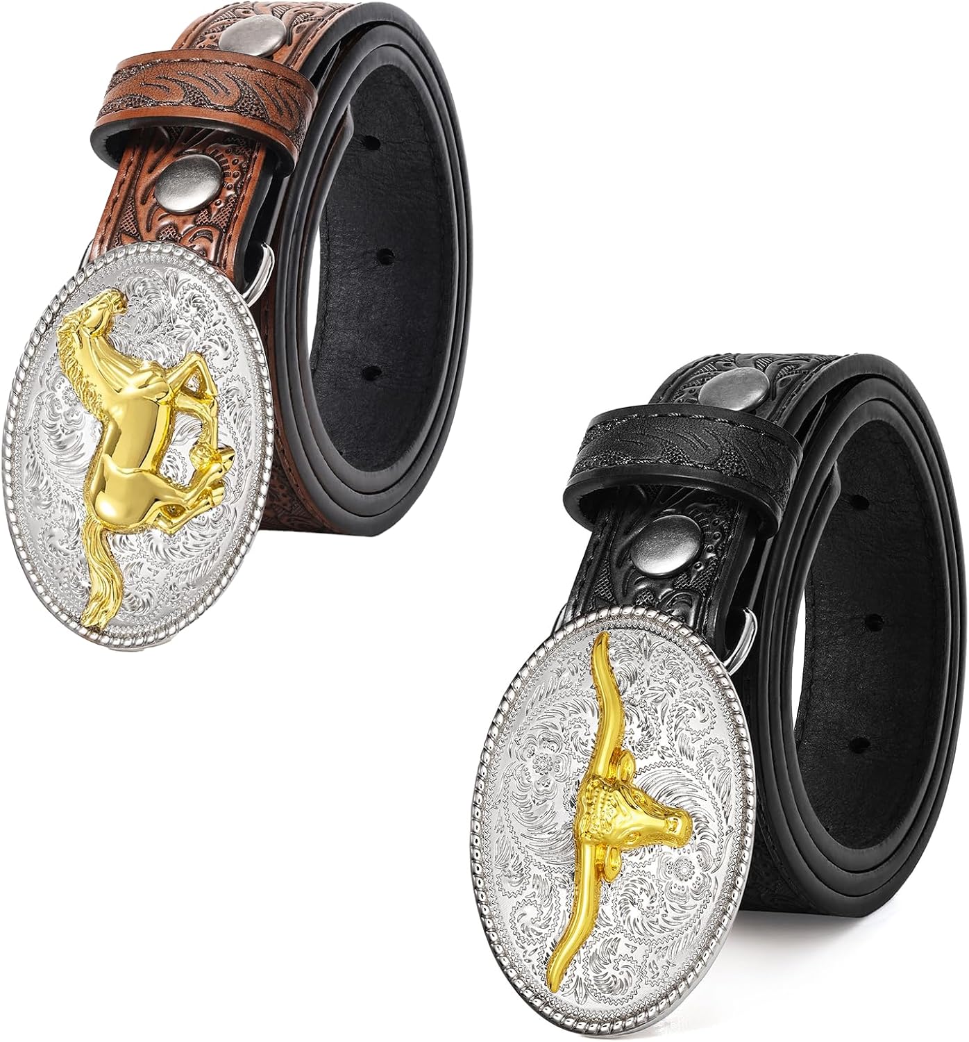 BELTROAD 2 Pack Kids Western Belts for Boys or Girls Embossed Genuine Leather Cowboy Buckle Ideal Gift Perfect for Jeans