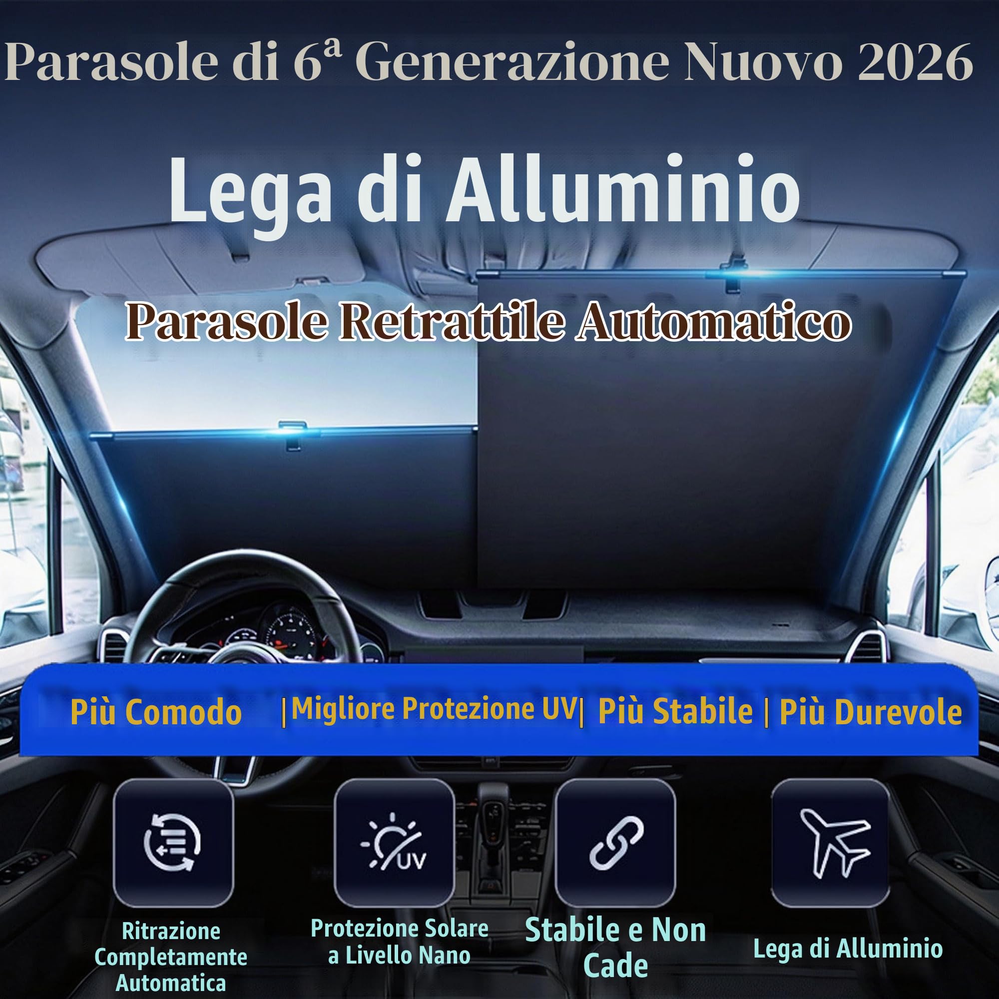 Parasole Automatico Retrattile Aggiornato 2026 per Parabrezza, Tendine Avvolgibili Regolabili, Bloccante UV e Calore, Universale per la Maggior Parte di Auto, SUV e Camion