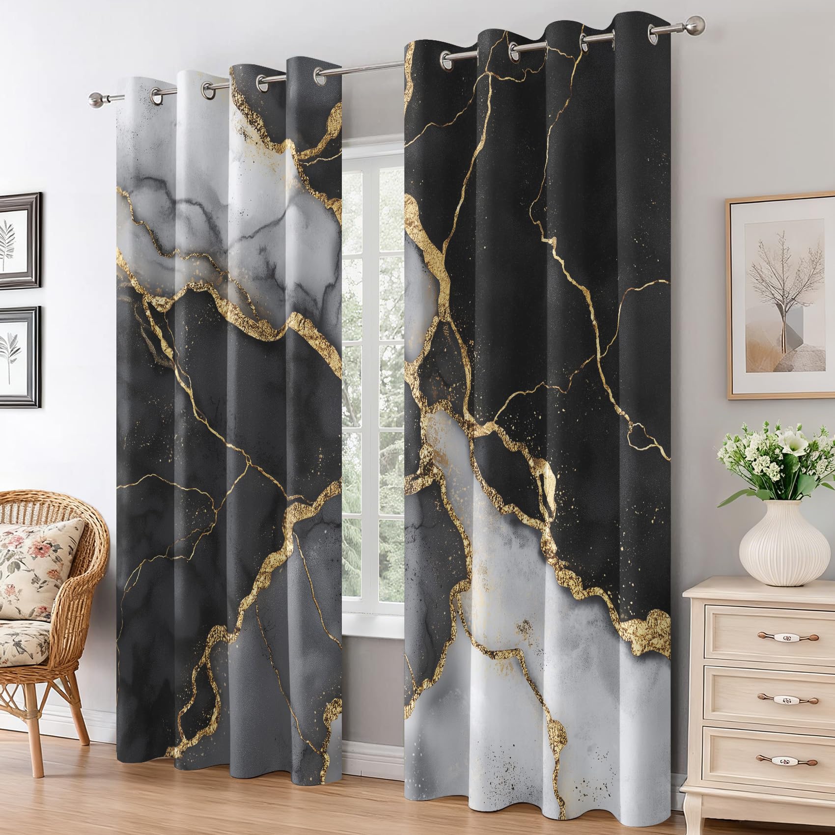 Generisch Schwarz Gold Marmor Vorhänge Wohnzimmer, Vorhang Blickdicht Moderne Abstraktion Gardinen mit Ösen Schlafzimmer, Thermo Verdunklungsvorhänge 2er Set H160 x B140 cm pw&33