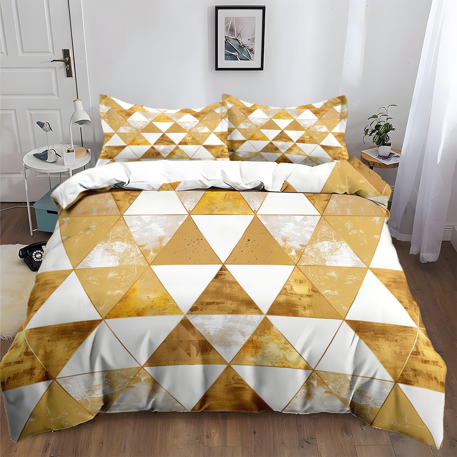 Funda Nordica para Cama 150 220x240 cm Cuadrícula Geométrica Amarilla 3D Funda de Polialgodón para Edredón con 2 Fundas para Almohada 50x75 cm, Suave y Transpirable Juego de Funda Nordica