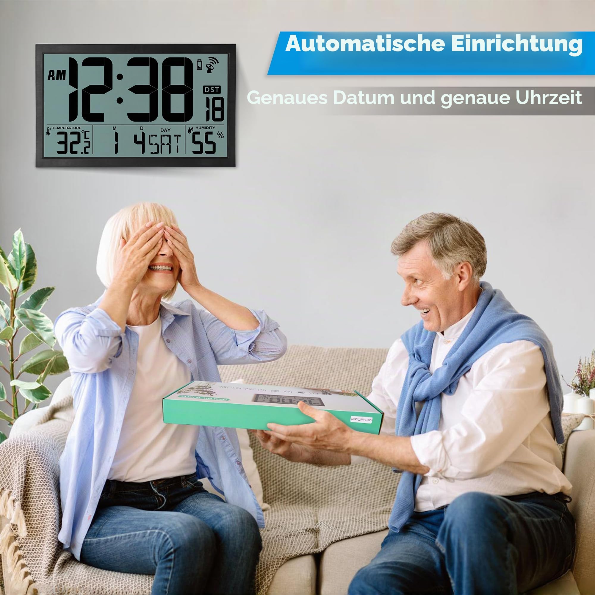 Sukeen Wanduhr Funk, Digitale Wanduhr Gross Funk, 16,7" Digitaluhr Batteriebetrieben, DCF-Funkuhr Tischuhr mit Temperatur, Luftfeuchtigkeit, Datum, Tag, DST für Zuhause, Küche, Büro, Schule
