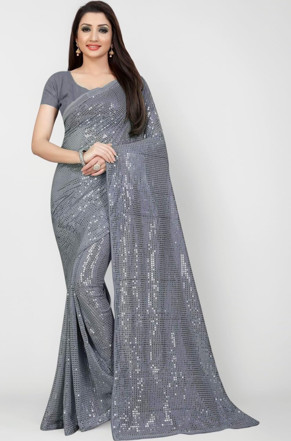 Florely Women's Pure Georgette sequence saree with unstiched blouse piece(Free size)