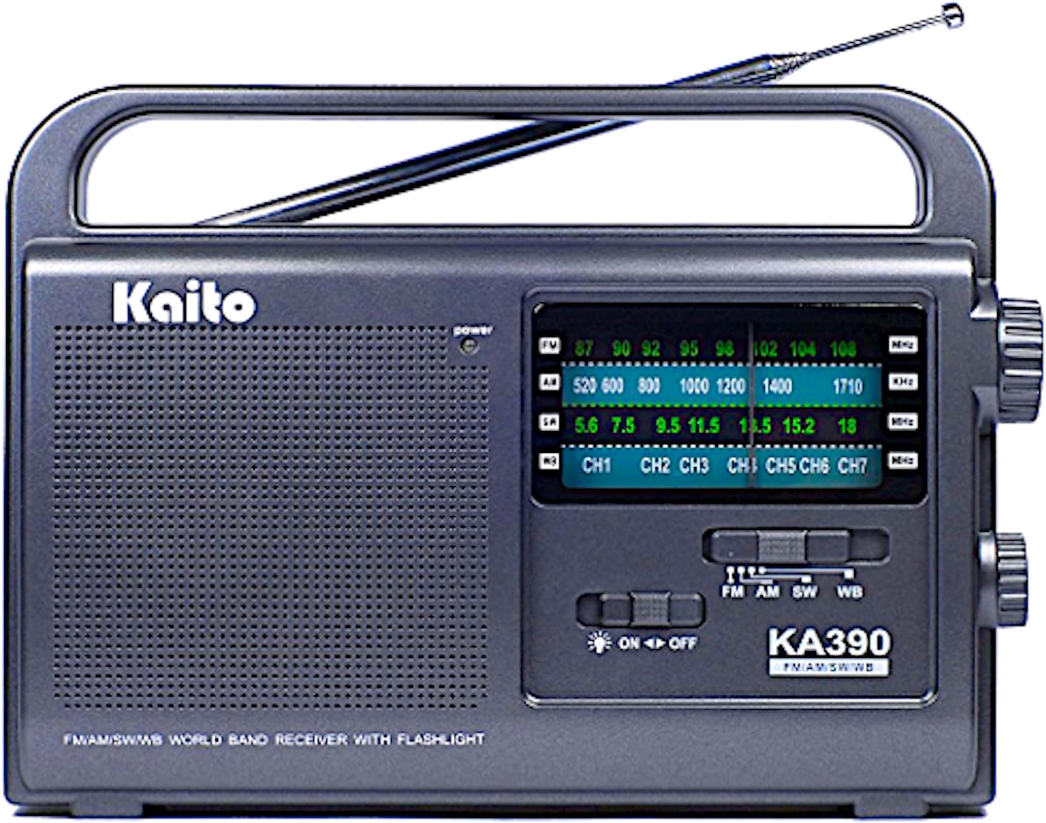 Kaito KA390 Portable AM/FM Shortwave NOAA Weather Radio with LED Flashlight, Color Black