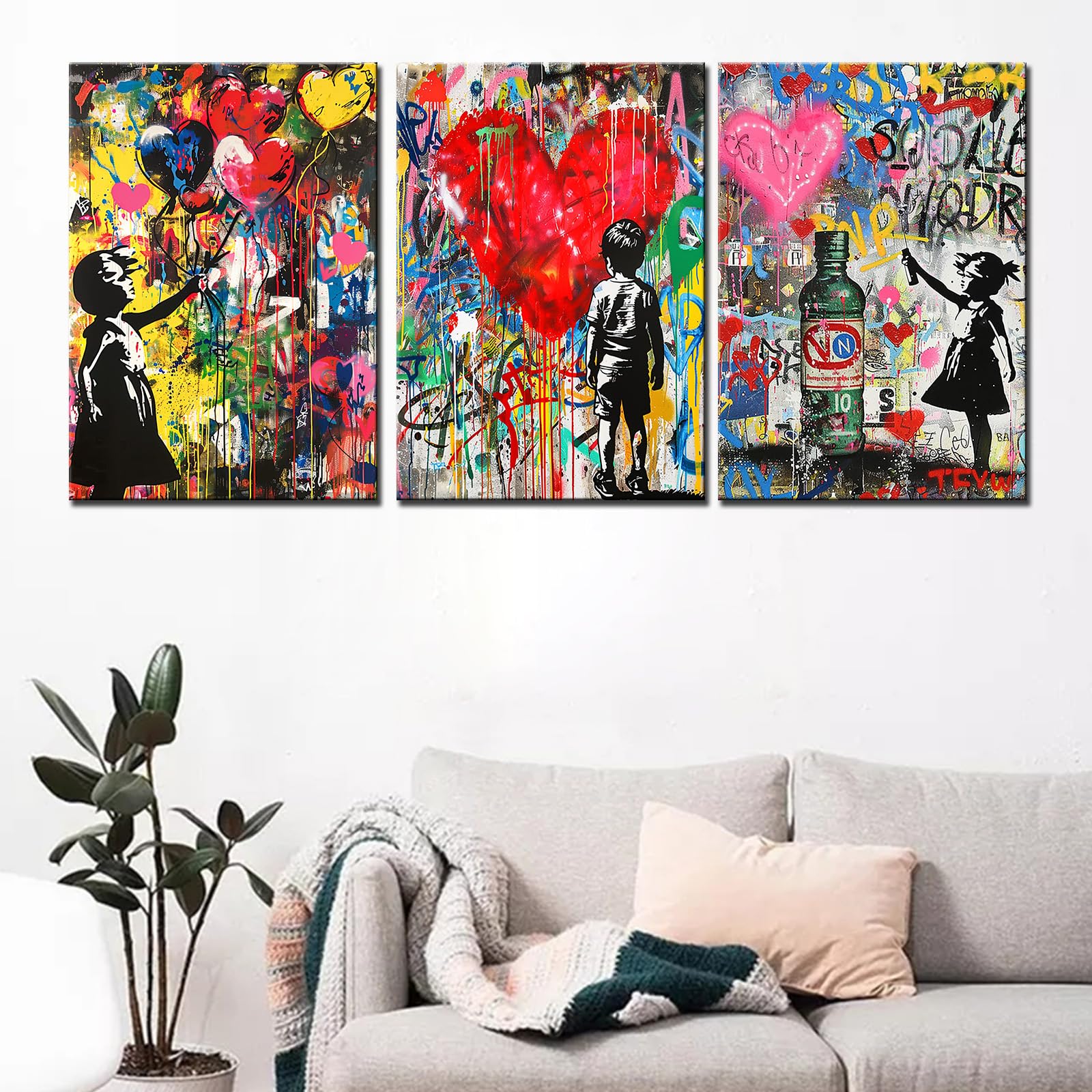 Tucocoo Room Wall Pictures Banksy Colorful Graffiti Paintings 3 Pcs Canvas Abstract Little Girl Balloon Modern Artwork Home Decor for Living Room Bedroom Office Framed Ready to Hang Gift 42''Wx20''H - Image 3