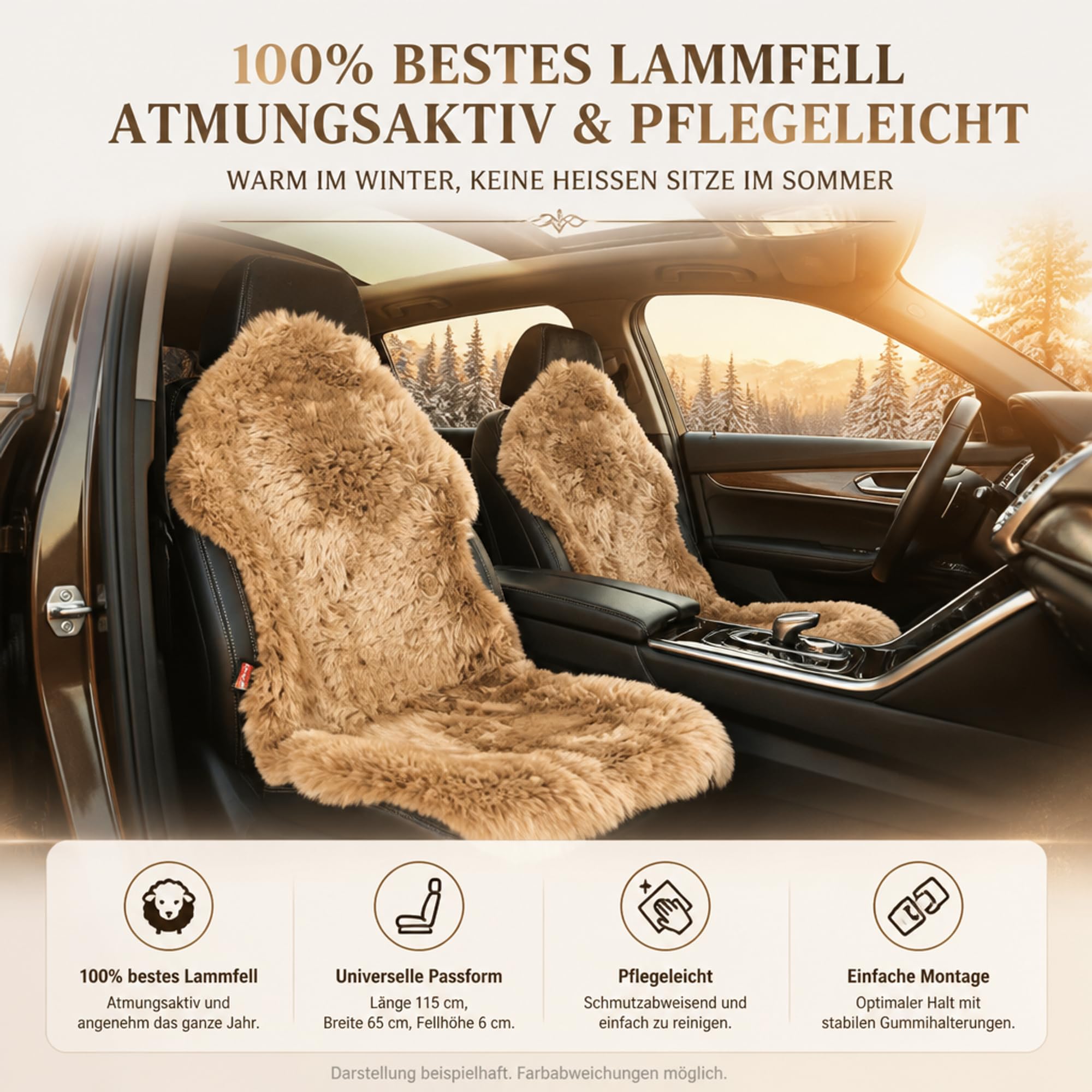 Lammfell Autositzauflage für Ledersitze – wärmend und atmungsaktiv – Naturform langwollig, 115 x 65 cm (Kamel)