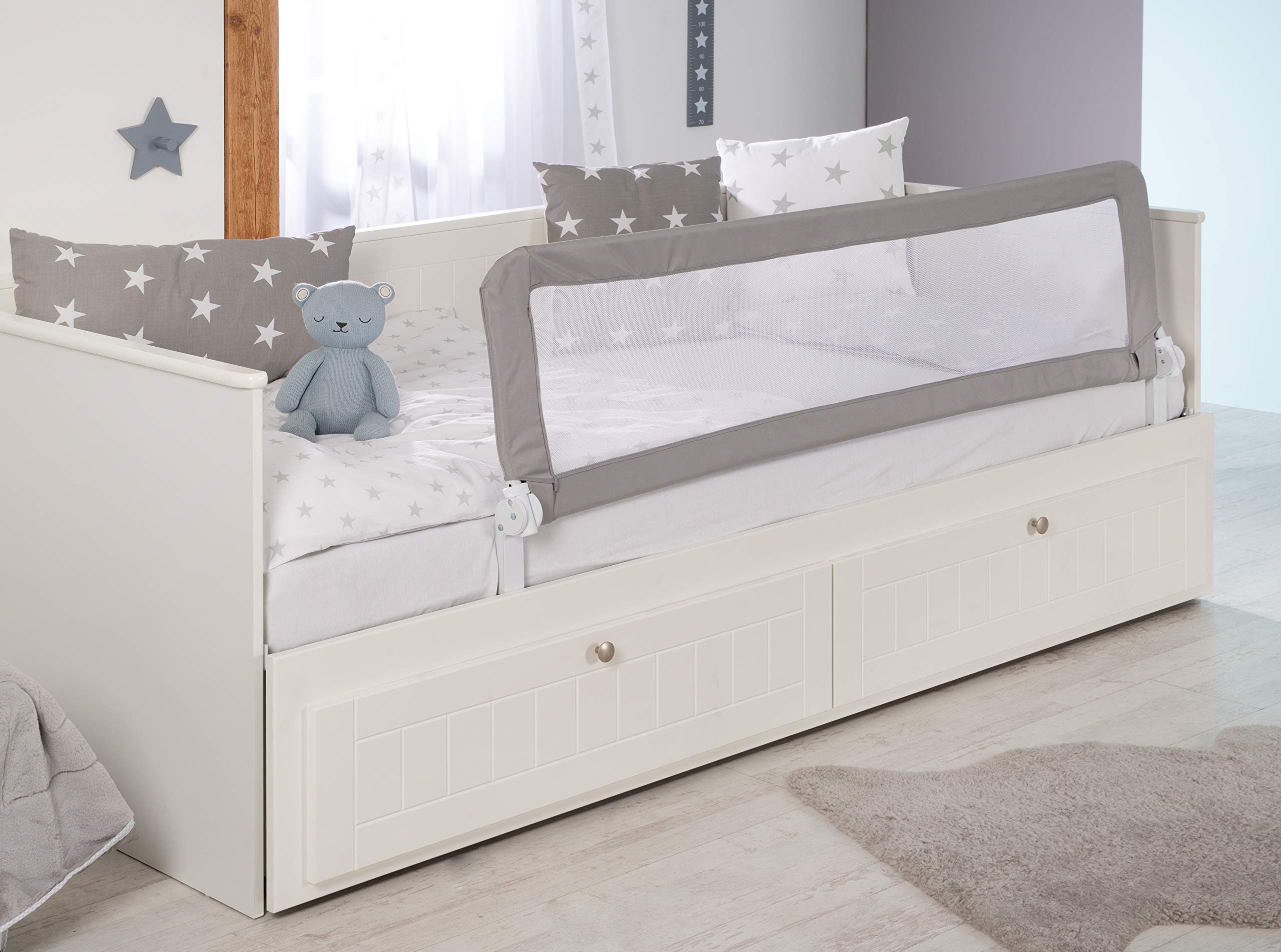 roba Bettschutzgitter Klipp-Klapp 150 cm - Rausfallschutz klappbar für Babys & Kinder - Schutzgitter für Kinderbetten - 50 cm hoch - Grau