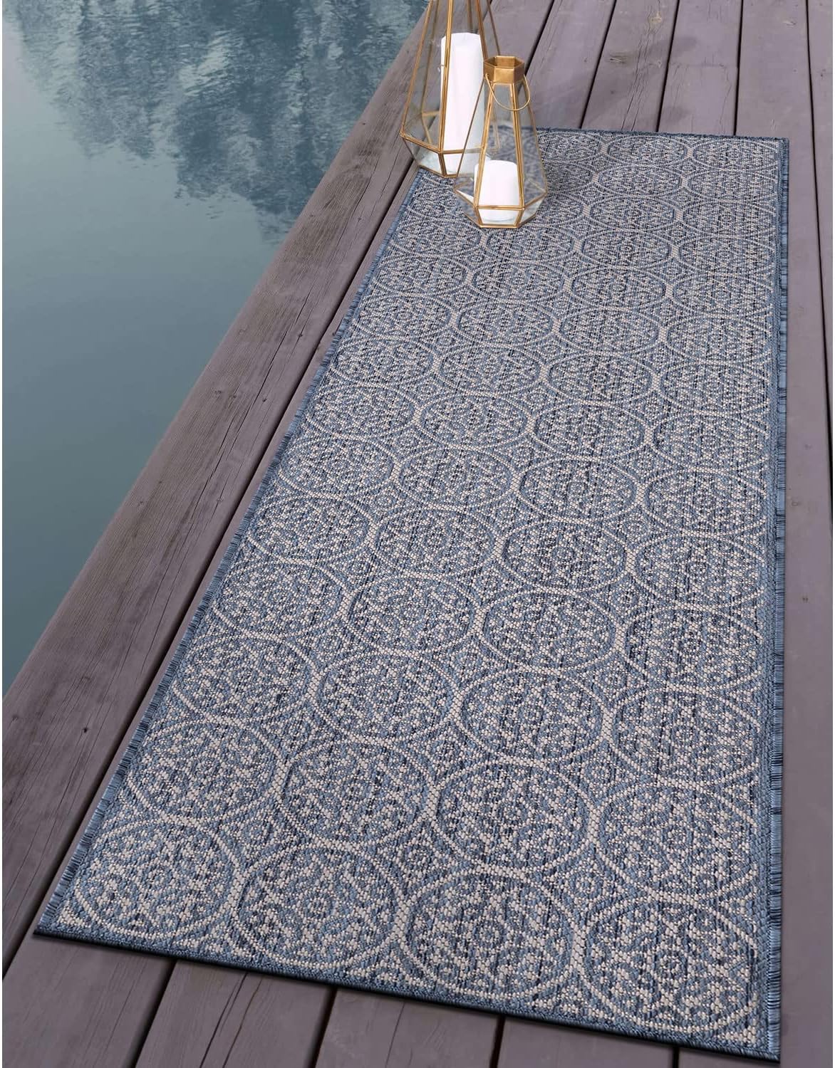 Rugshop Capri Transitional Floral Circles Textured Flat Weave Easy Cleaning Outdoor Rugs for Deck,Patio,Backyard Indoor/Outdoor Runner Rug 2' x 7' Blue