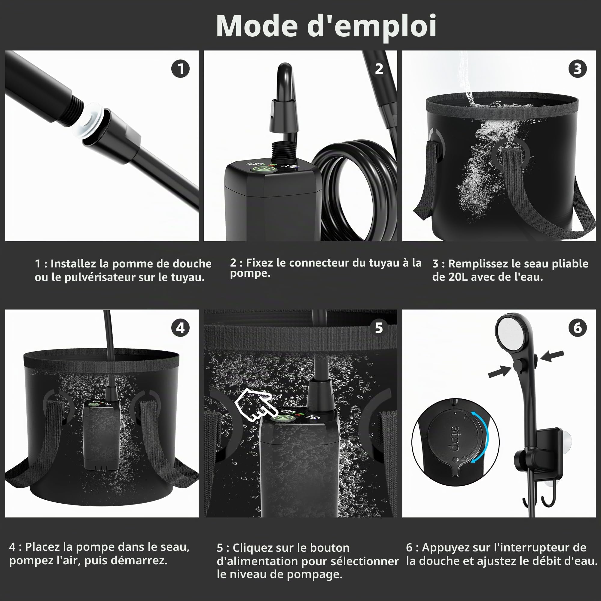 Mytrix Kit Complet de Douche de Camping Portable amélioré, Pompe Rechargeable de 6000 mAh avec écran Intelligent, tête de pulvérisation Multi-Mode, Seau d'eau à 5 Vitesses