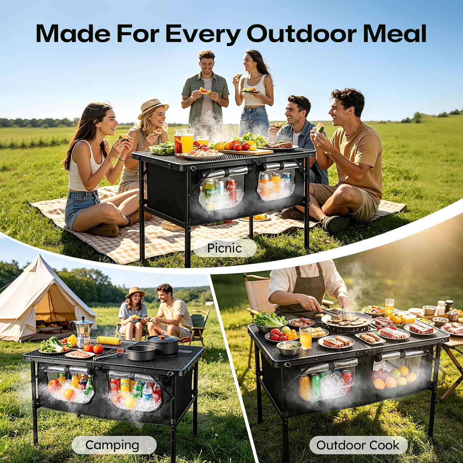 Camping Table with Storage, Folding Camp Kitchen Table with Insulated Cooler Bag, 35.4" x 23.6" Height Adjustable Lightweight Aluminum Outdoor Table for BBQ, Picnic, RV, Tailgating