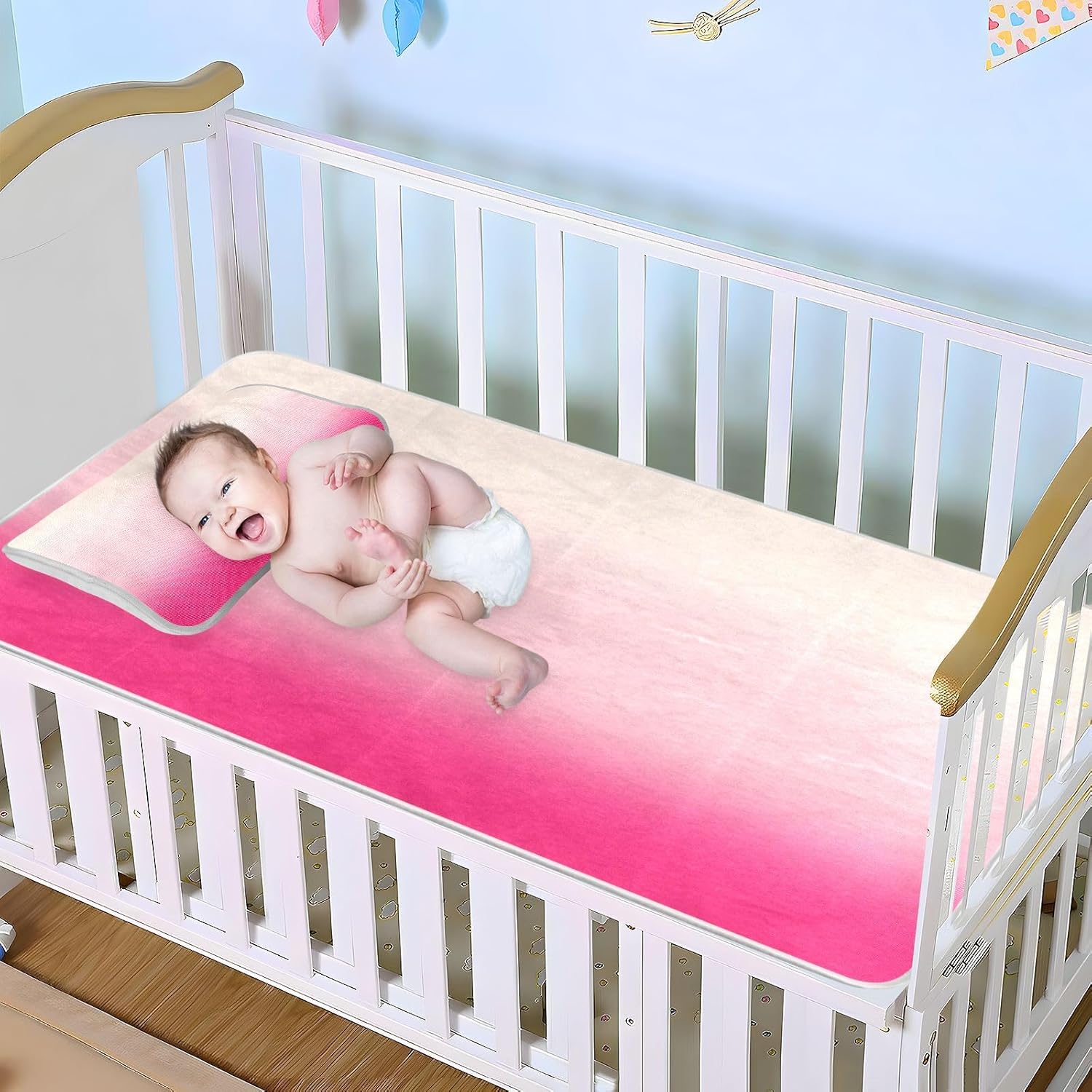 Cooling Baby Mattress pad Waterproof 28" x 52" Ultra Soft White Peach Fresh Peach Gradient Bed Pads for Baby&Toddler