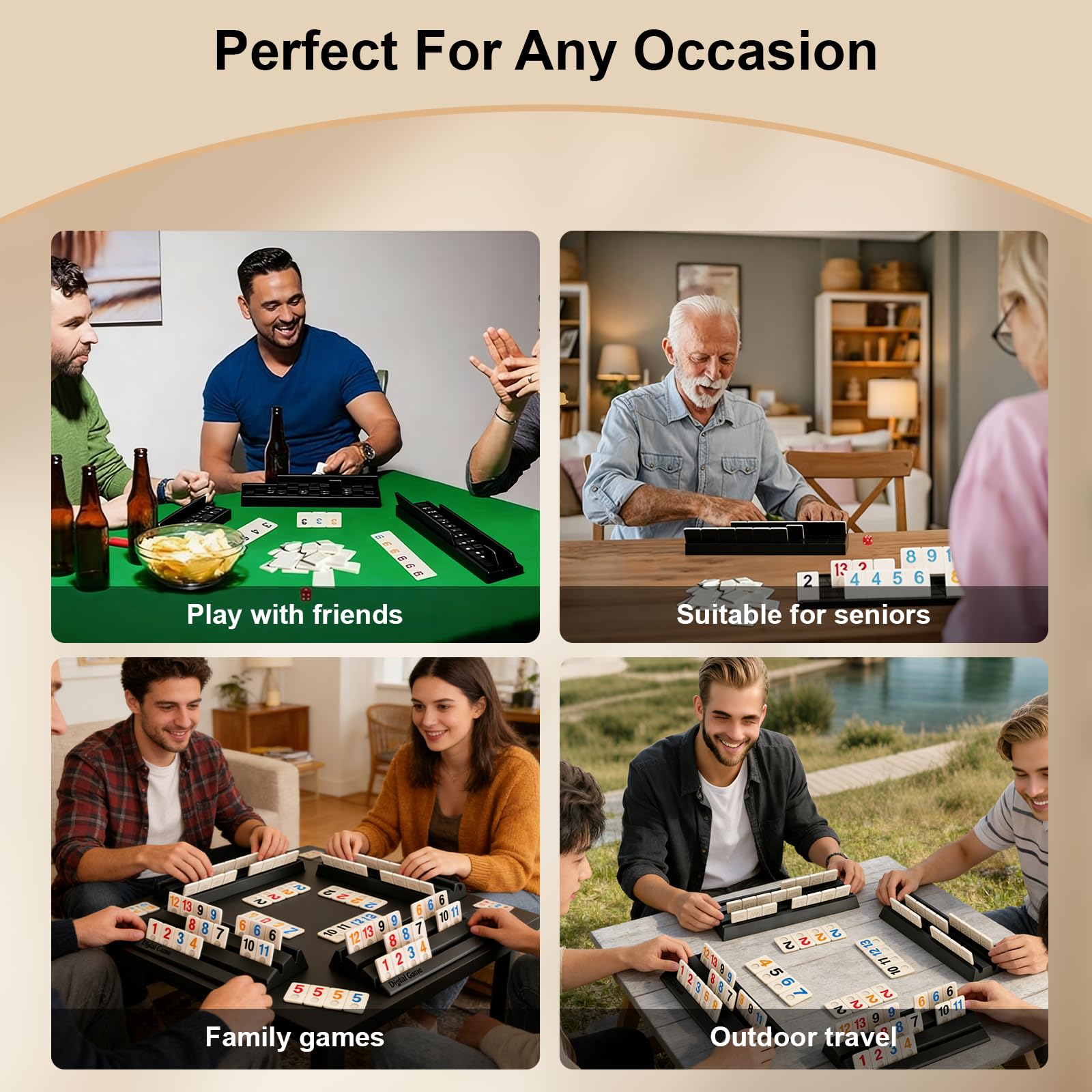 Set de Rummy pour Voyage - Jeu de Société Classique avec 114 Tuiles Premium & 4 Supports, Jeu de Plateau Portable pour 2-4 Joueurs, Adultes et Amateurs de Stratégie (Noir)