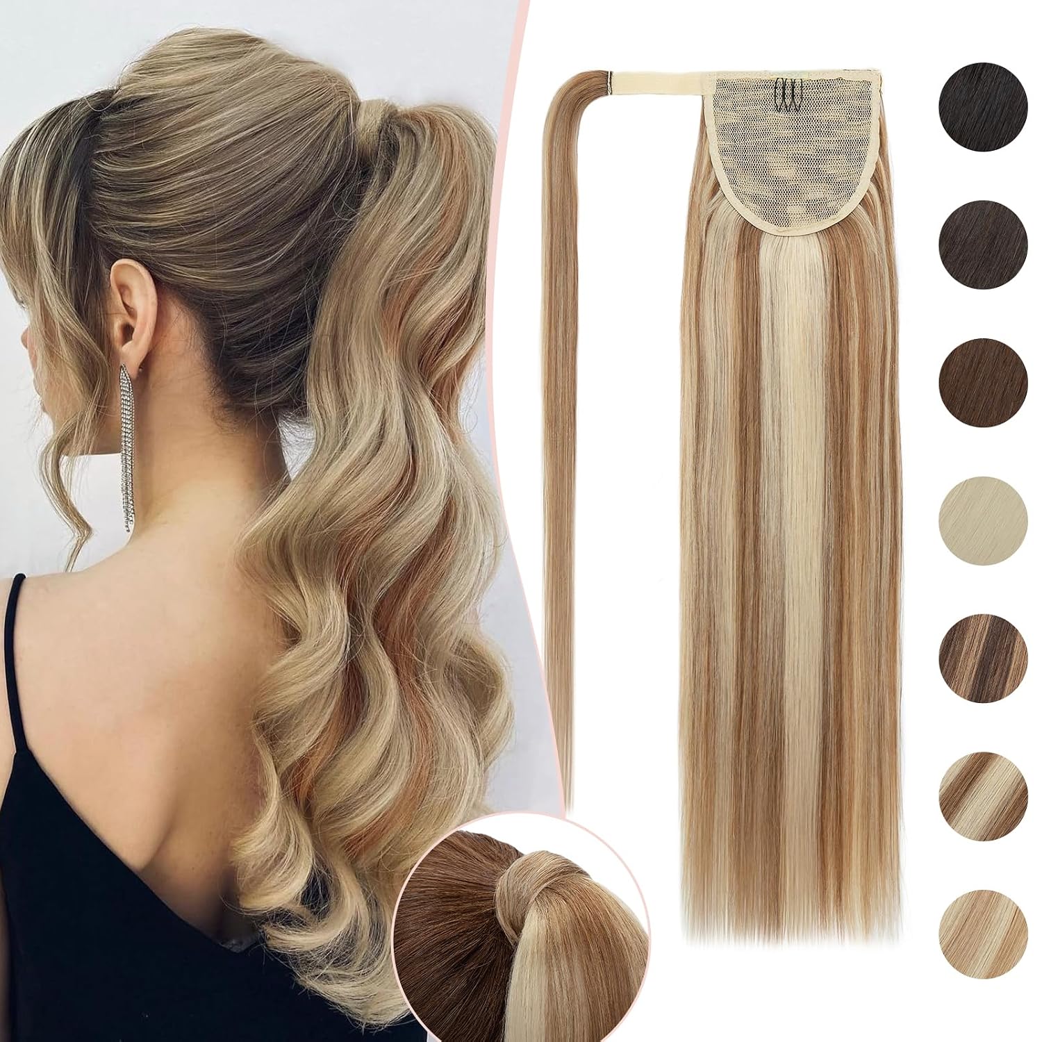 S-noilite Wrap Around Ponytail Extension Human Hair #12P613 Golden Brown mix Bleach Blonde Ponytail Extensions Real Remy Hair 22inch Long Straight Clip in Human Hair Ponytail 95Grams