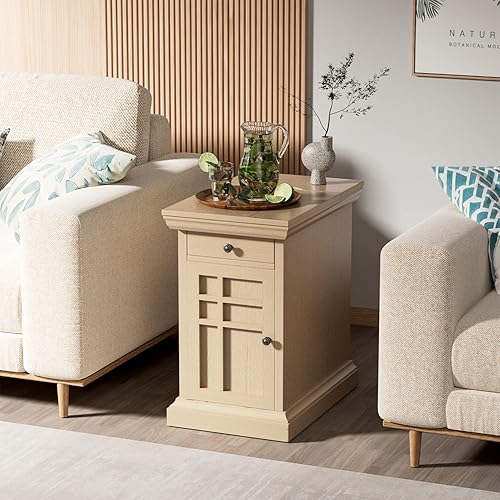 Miniatura 2 de JUMMICO Mesa auxiliar con cajón puertos USB y tomas de corriente mesa auxiliar con estación de carga mesita de noche estrecha con estante para