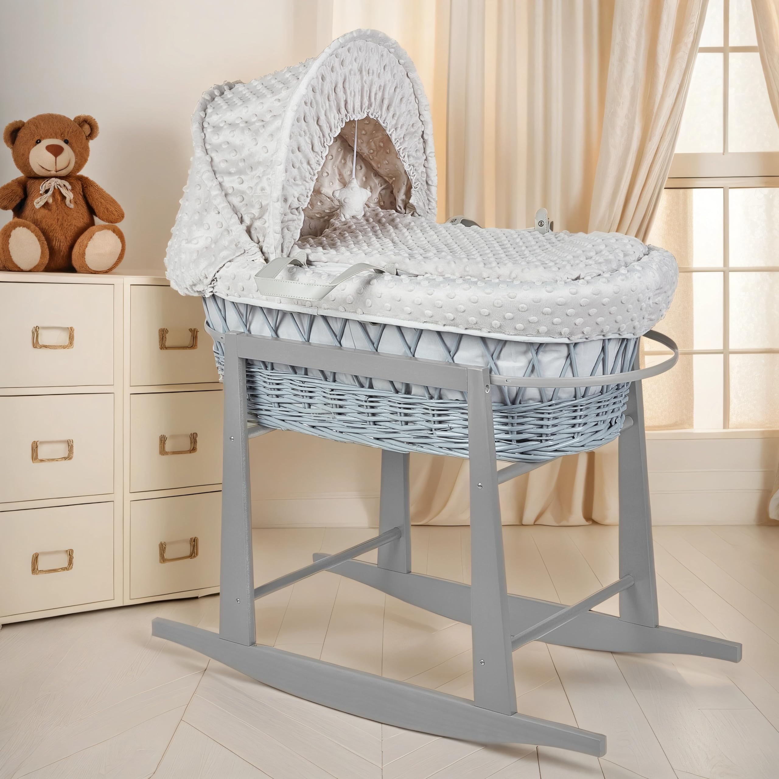Babymam Moses Basket Wicker Grey Rocking Stand Baby Padded Dimple Grey Bedding Full Set with Mattress