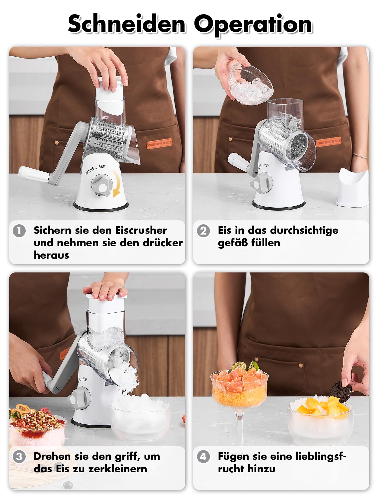 GDL Ice Crusher, Slushy Maker Maschine mit 3 Trommelmessern, Eiscrusher Manuell mit Kurbel Spülmaschinenfest und Schnellschnitt, Crushed Ice Maker Reibe für Eis, Slushy, Gurke, Karotte, Käse (Weiß)