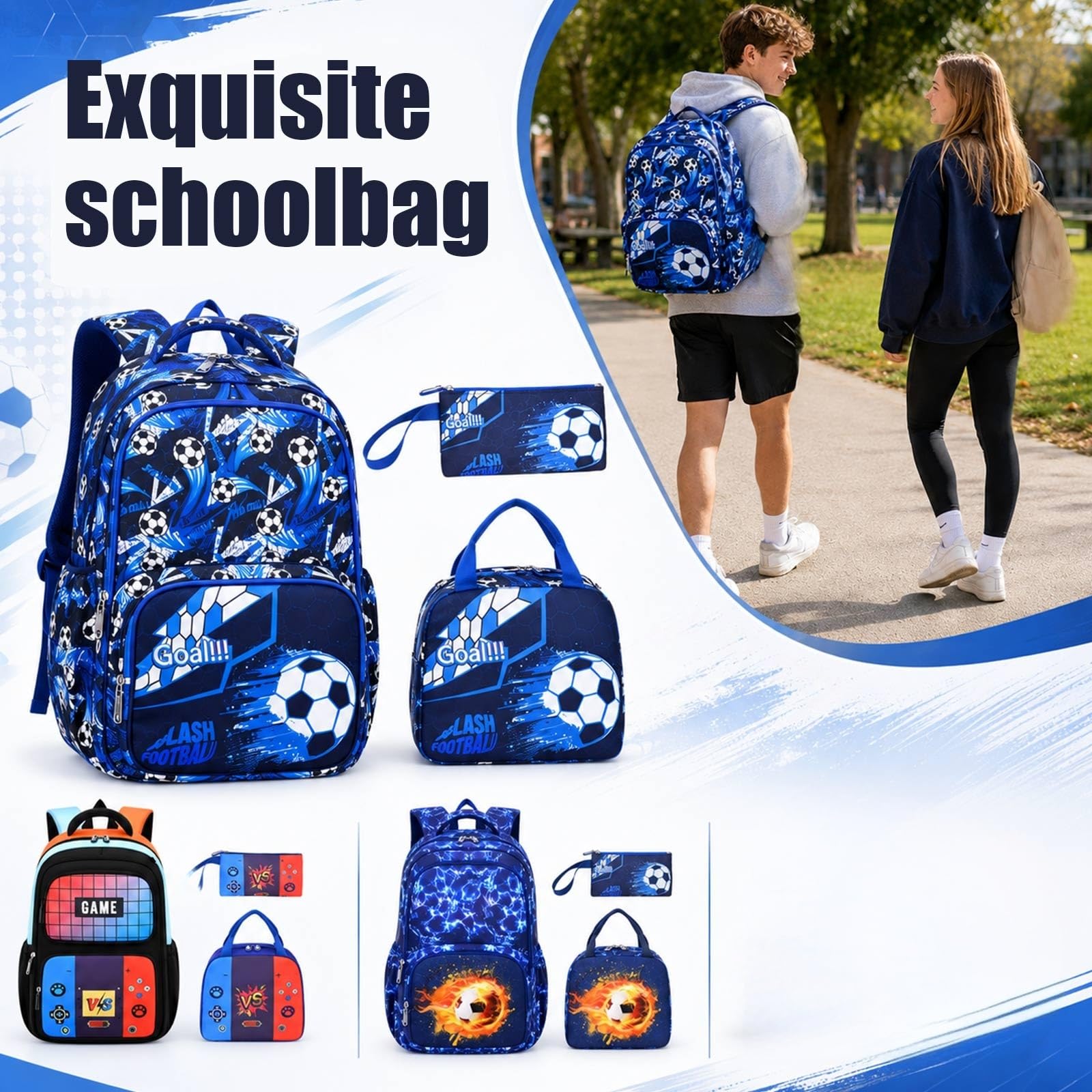 Genérico Mochila Escolar Gran Capacidad, Set de 3 Piezas Ligero con Fiambrera y Estuche – Mochila de Tela Oxford para Niños, Cabe Consola de Juegos y Útiles Escolares, Regreso a Clases (C)