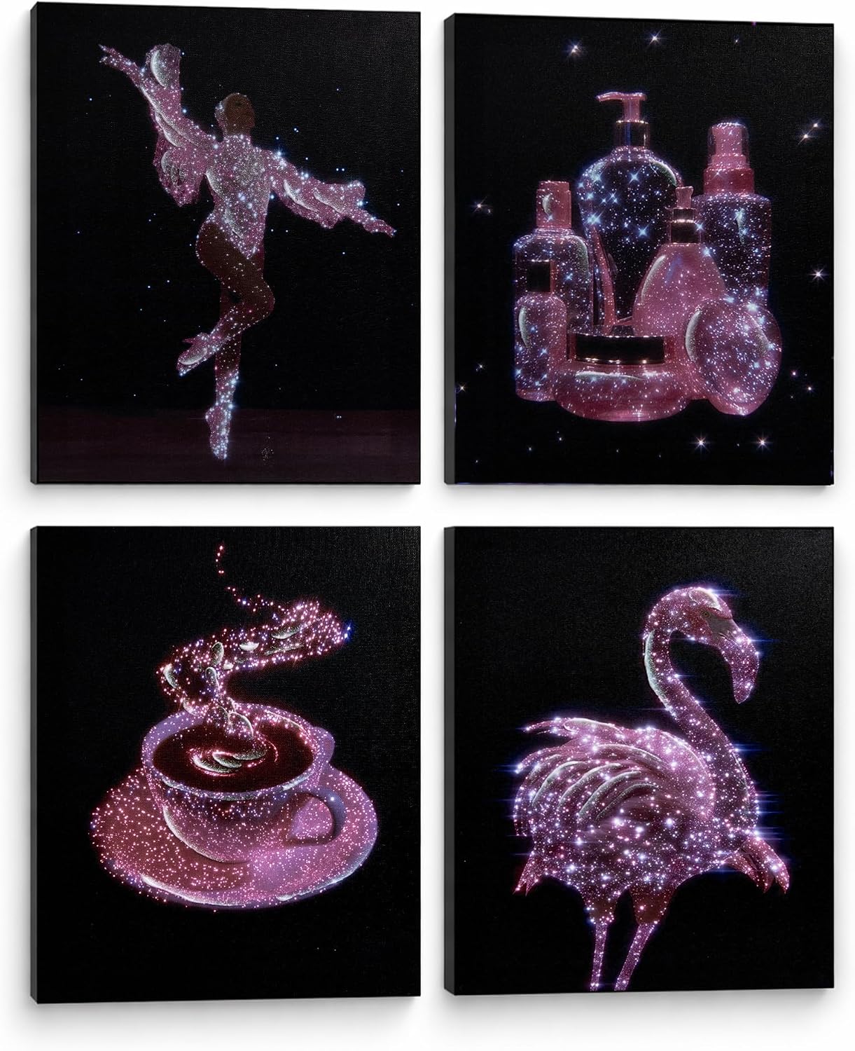 Artiluxy Set of 4 Sparkle Canvas Wall Art, 12x16 Inch Pink and Black Fashion Prints with Glowing Style Effect on Stretched Canvas