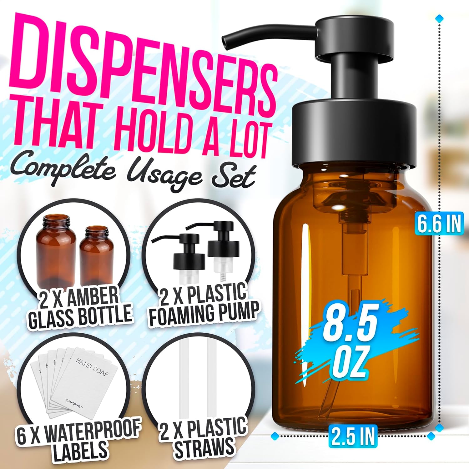 2Pcs Amber Glass Foaming Soap Dispenser - 8.5 oz Amber Glass Soap Dispenser with Pump, Compatible with Hand Soap, Dish Soap, Shampoo and Gel, Durable, Stylish & Refillable, Great as Valentine Day Gift - Image 2