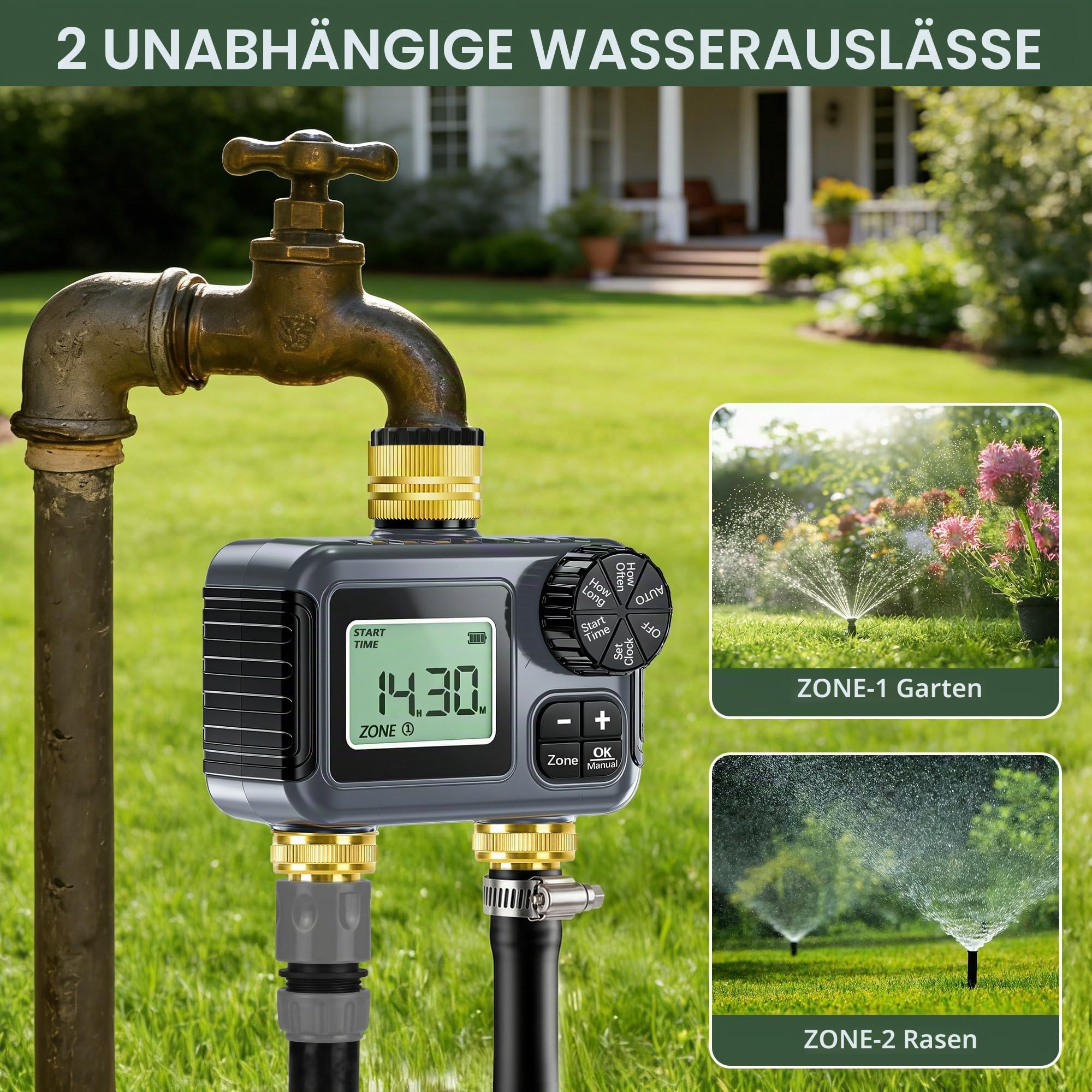 IPX5 Bewässerungscomputer 2 Ausgänge,Messing-Einlass und -Auslass,Automatische Bewässerung Wasser Zeitschaltuhr mit Regenverzögertem Manuellem Wasserhahn-Zeitschaltuhr für Garten Rasen