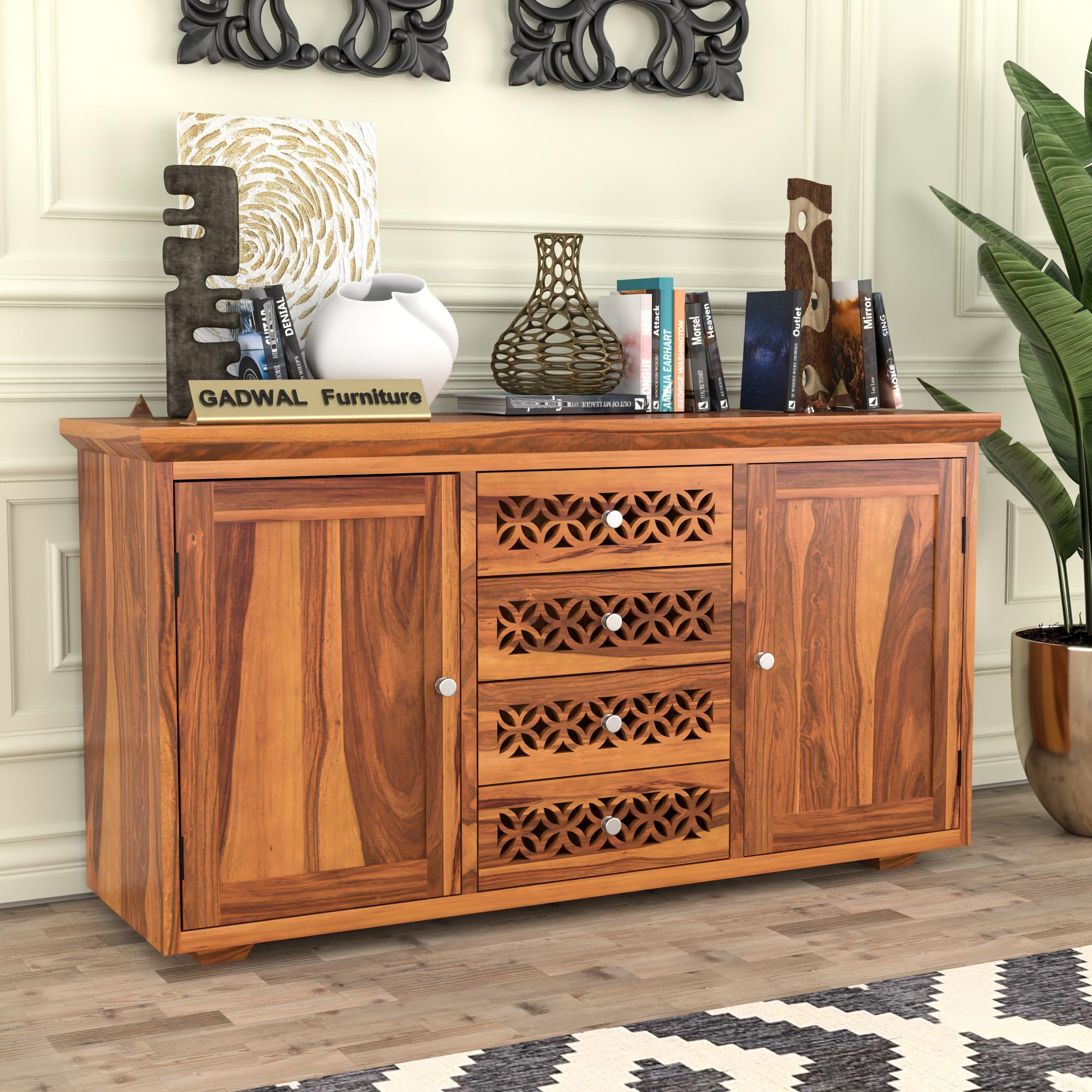 Solid Sheesham Wood Wooden Cabinet Sideboard with 4 Drawers and 2-Door Storage (Meilani, Honey Finish)-picture-16