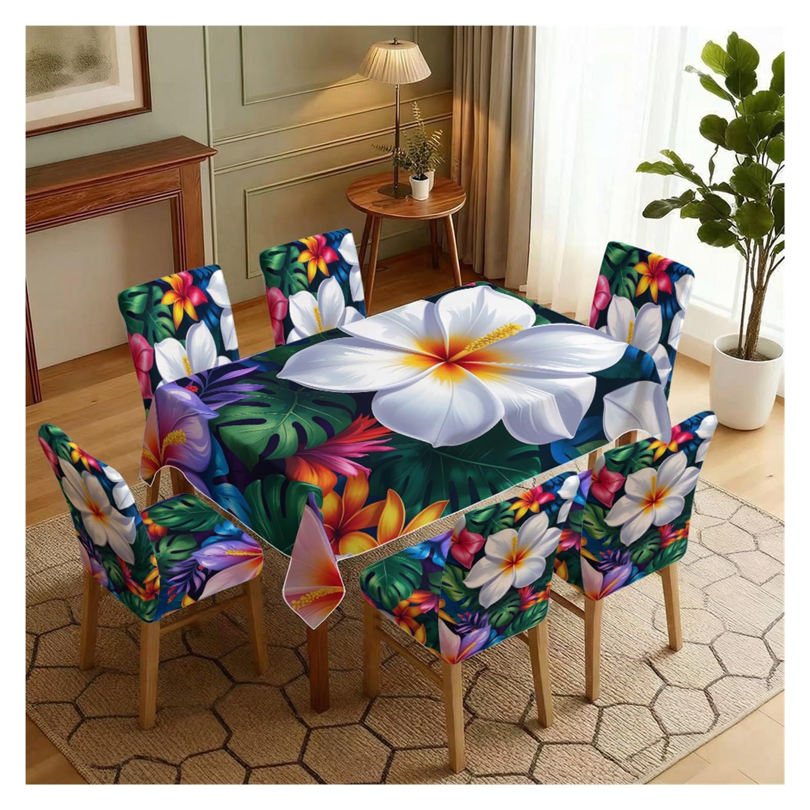 KXUAUV Tropical Hibiscus Monstera Dining Chair Covers & Tablecloth Set, 5/7 Piece Exotic Floral Slipcovers For Summer Island Home Decor Party Decor(7pcs Set: Tablecloth+Chair Covers)