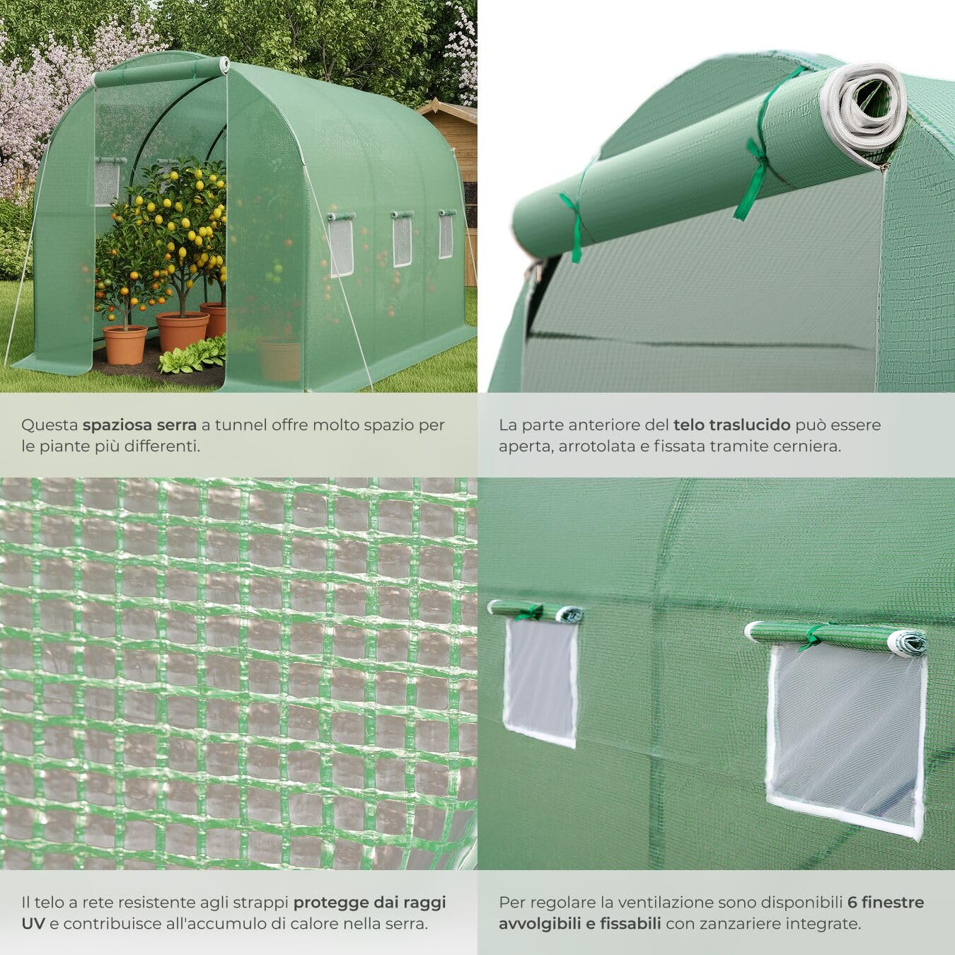 tectake® Serra da Giardino in Acciaio e PVC, Politunnel con 6 Finestre e Zanzariera, Casetta per Coltivazione Orto e Fiori, Serra per Piante, Resistente al Gelo - Verde- 343x200x200 cm - 7 m²