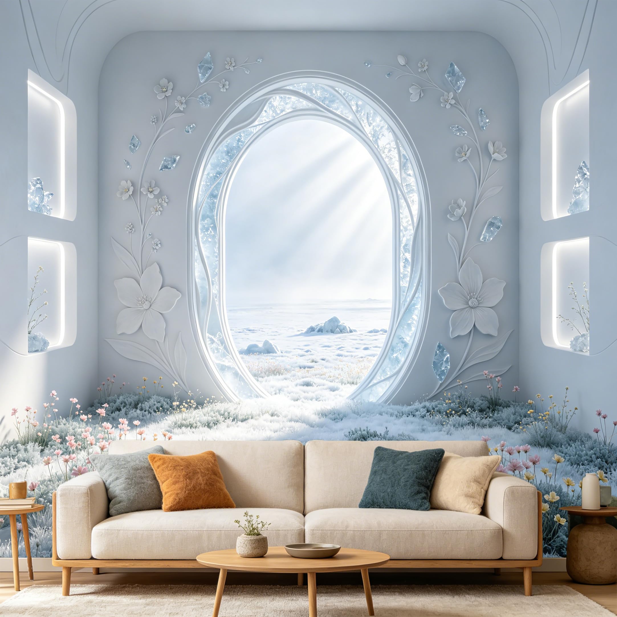 Custom Size Wall Mural， 3D Winter Snowy Landscape Frozen Flower Crystal Archway， SelfAdhesive Art Prints wall Fabric Removable Large Wallpaper Home Living Room Decor