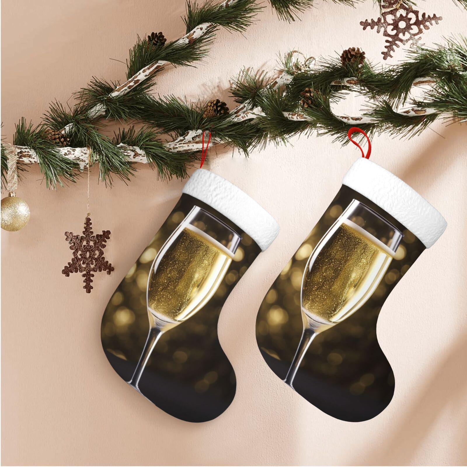 Champagne Christmas Stockings Velvet Xmas Fireplace Hanging Stocking with Plush Cuff Rustic Christmas Santa Stockings for Home Christmas Decorations Party Favor Supplies
