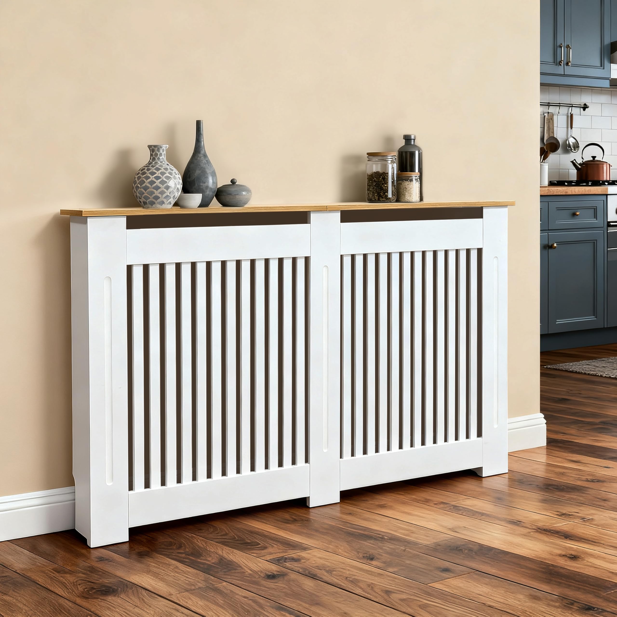 Large Tall Radiator Cover Cabinet, External 36.4inch Height Heater Covers with Wood Texture Nature Top,Inner 35.6inch Vertical Slats Modern MDF Radiator Shelf Thickened Living Room