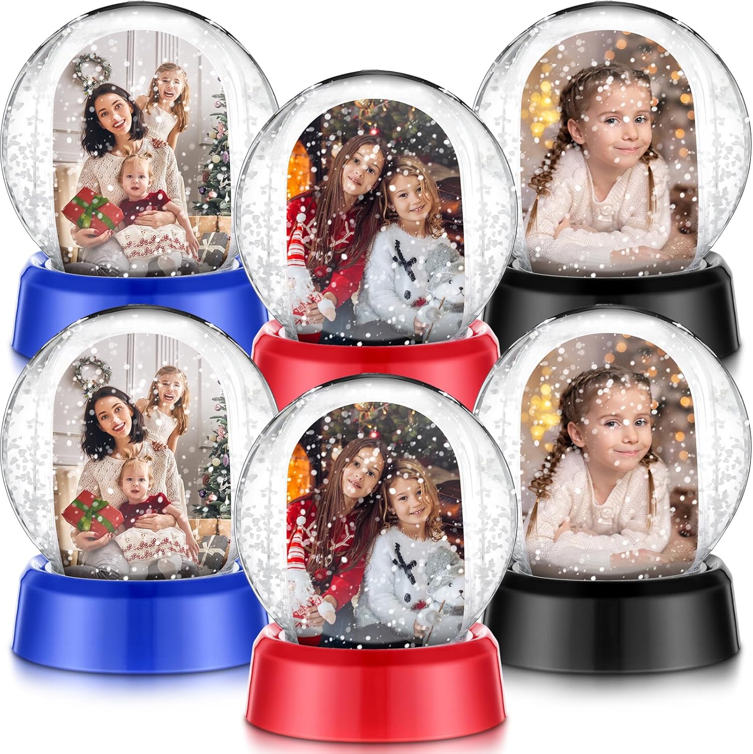 Suzile 12 Pcs Christmas Photo Snow Globe 4.3 Inch Christmas Clear Plastic Water Globe Double Sided Picture Display Snow Globes Photo Frame for Home Xmas Holiday DIY Crafts Gift (Black,Red,Blue)