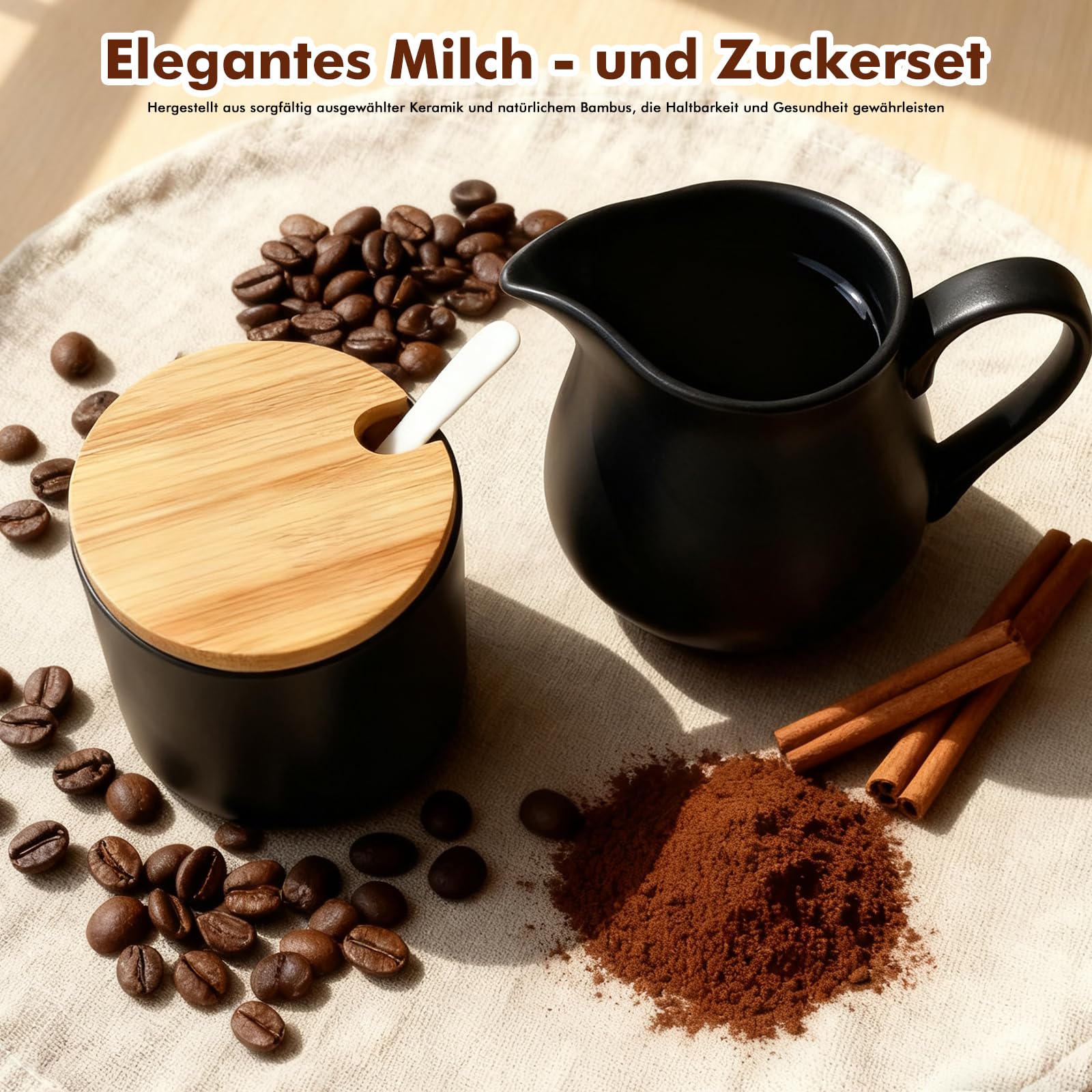 Set di latte e zucchero con coperchio e cucchiaio, in ceramica, con coperchio in bambù e zuccheriera, incluso vassoio in legno, lavabile in lavastoviglie, ideale per caffè, tazze da cappuccino e