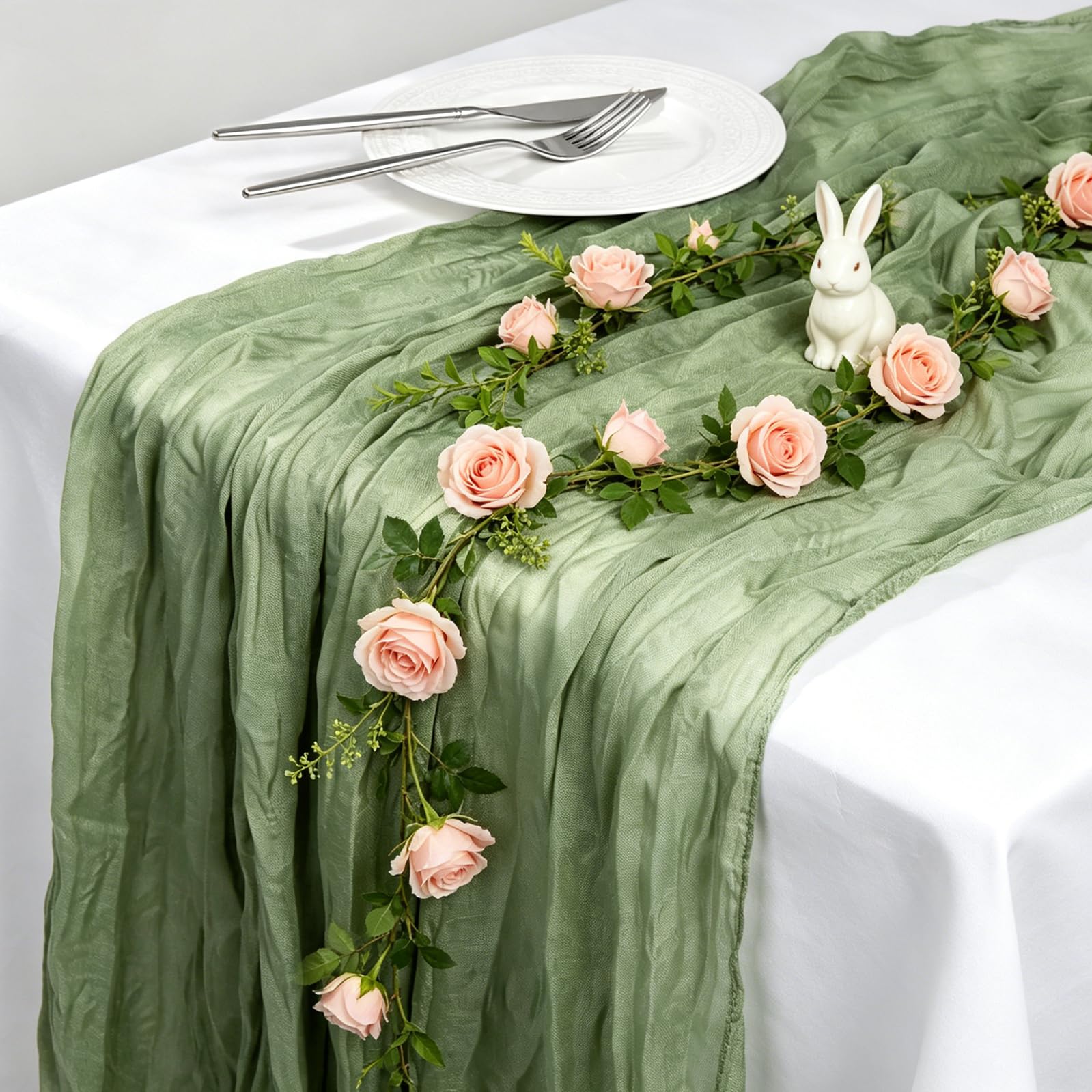 Minicoco Sage Green 2 Pack Cheesecloth Table Runner,10Ft Boho Gauze Sheer Crinkle Table Runner,Soft Lightweight Pre-Wrinkled Fabric For Wedding,Bridal Shower,Birthday Party,Dining Table Home Decor(Sage Green)