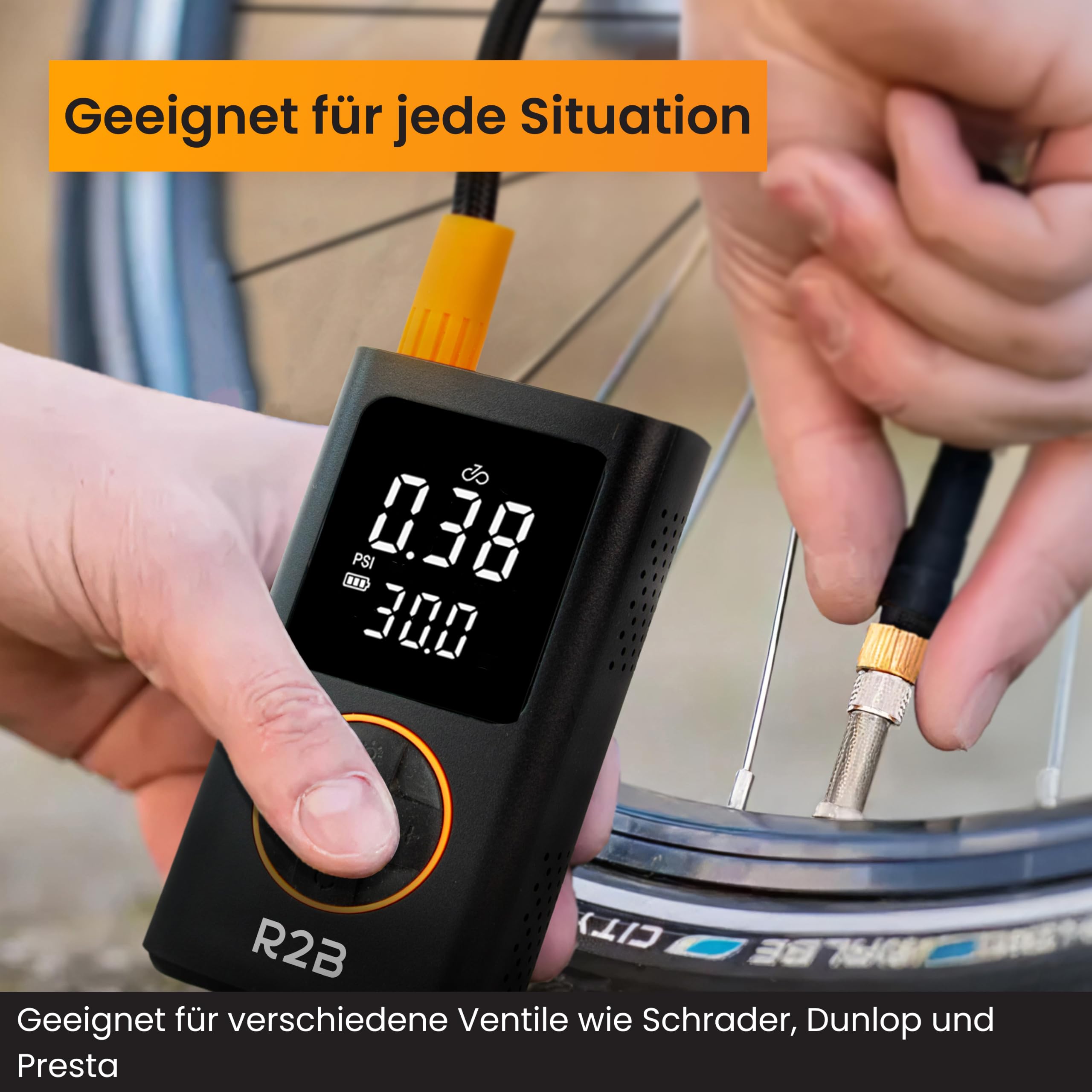 R2B Elektrische Fahrradpumpe 150 PSI, Kabellose Akku Luftpumpe mit Auto-Stop, LED-Licht, USB-C Wiederaufladbar, Mini Kompressor für Fahrrad, E-Bike, Auto, Motorrad, Bälle & Luftmatratzen