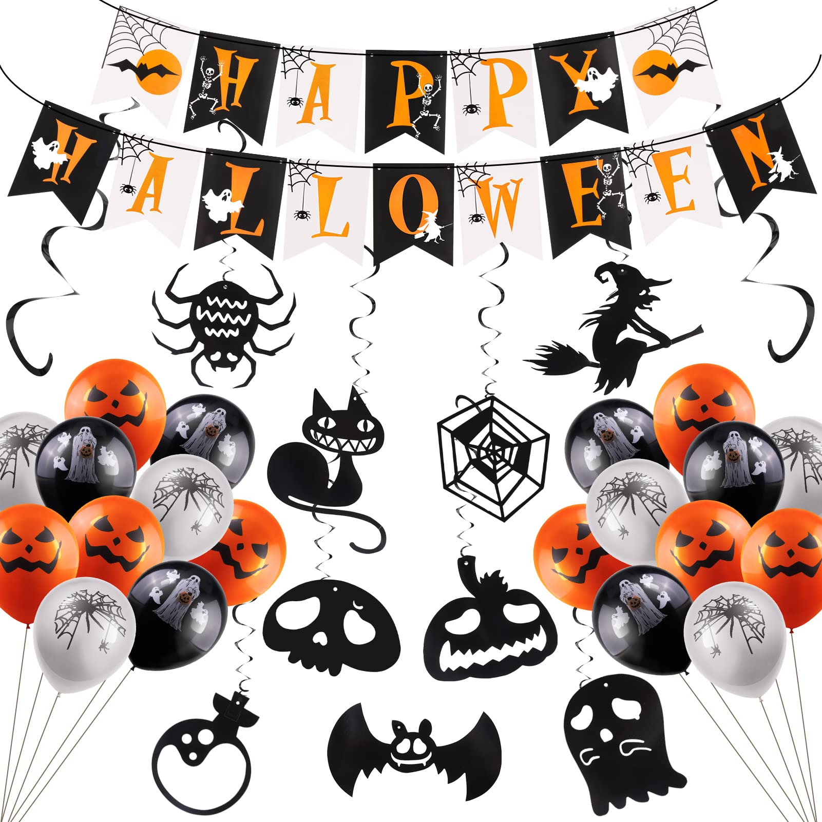 QINREN 56Pcs Halloween Decorations Indoor Set, Halloween Balloons Set with Pumpkin, Ghost, Spider Balloon, and Hanging Swirls with Halloween Elements for Halloween Indoor Outdoor Decorations
