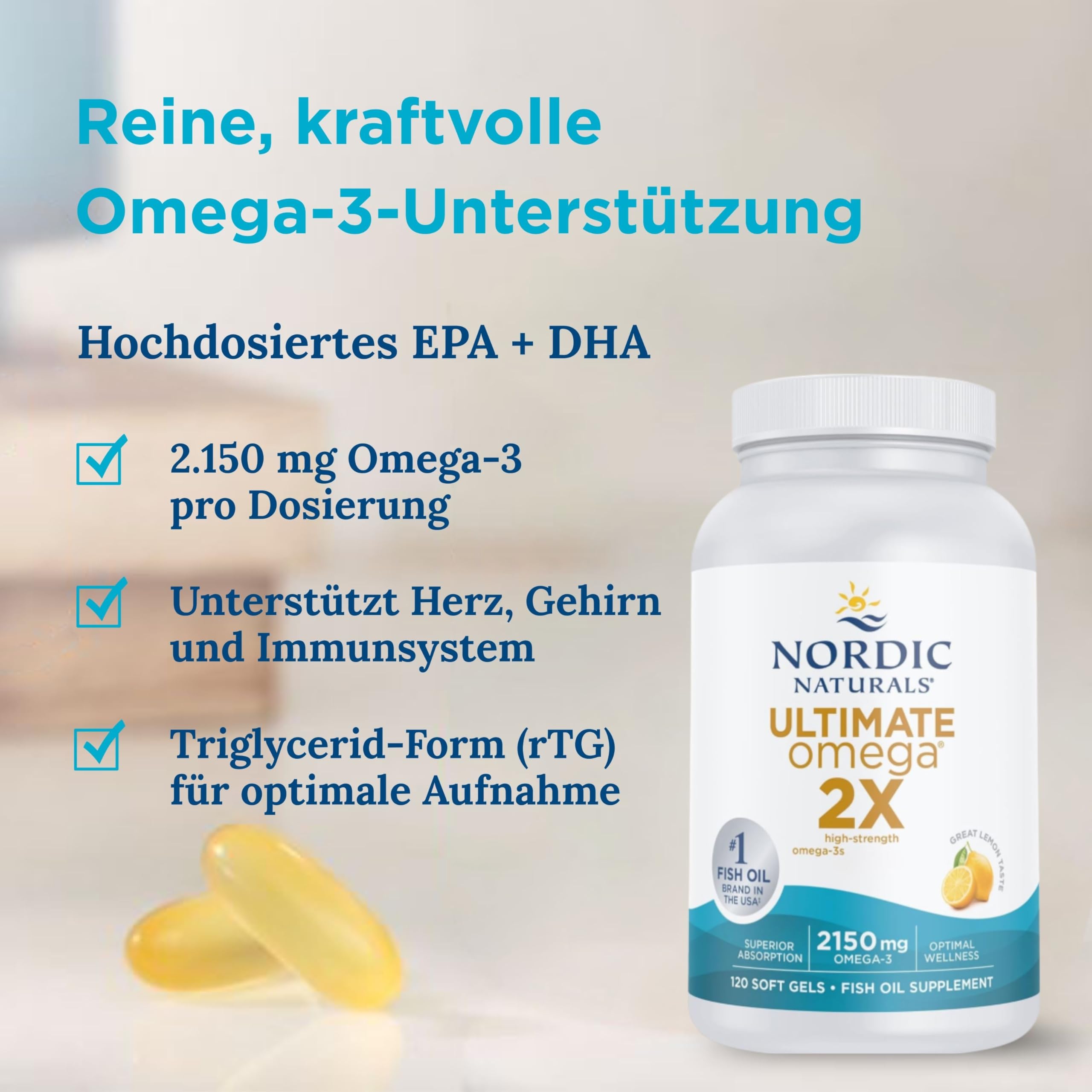 Nordic Naturals Ultimate Omega 3 2X, 2150 mg Omega-3-Kapseln mit hoher Stärke, Fischöl-Nahrungsergänzung mit EPA und DHA, 120 Softgels, Zitronengeschmack, sojafrei, glutenfrei, für Herzunterstützung