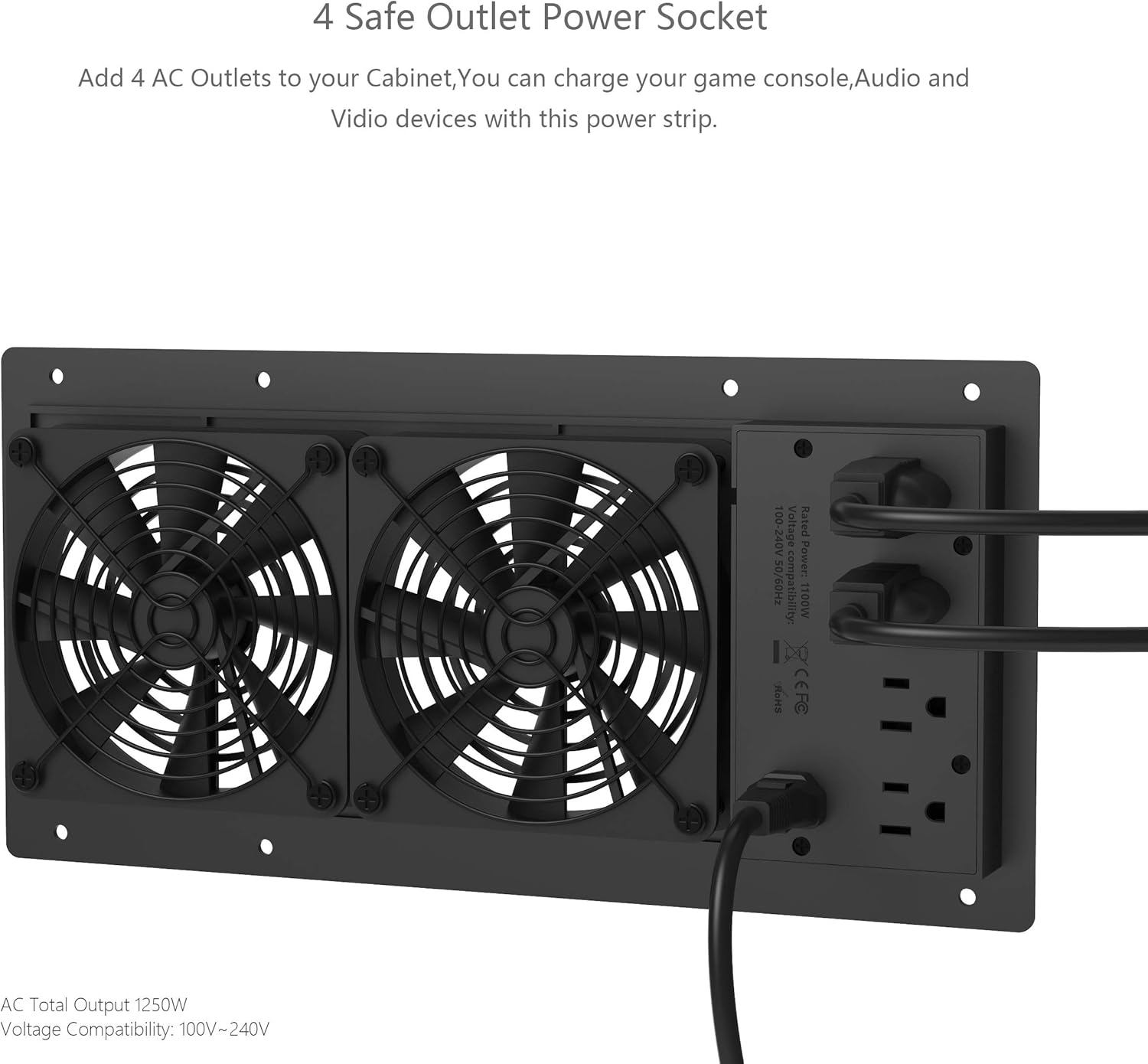 Hiree Quiet Cooling AC Fan Dual 4 inch Ventilation Axial Muffin Fan with 4 AC Power Outlet for Home Theater Receiver DVR Amps AV Computer Cabinet Closet Electronic Equipment DIY Vent Exhaust System
