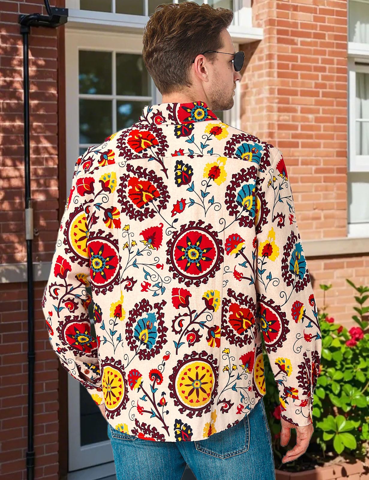 Camicia Anni 70 Hippie da Uomo Manica Lunga Camicie Floreale Fantasia Funky Casual