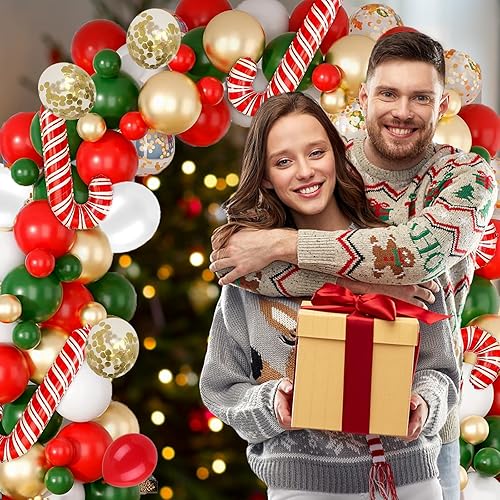 Miniatura 6 de Juego de arco de guirnalda de globos de Navidad, 123 piezas de globos de látex de confeti rojo, verde, blanco y dorado con bastones de caramelo para