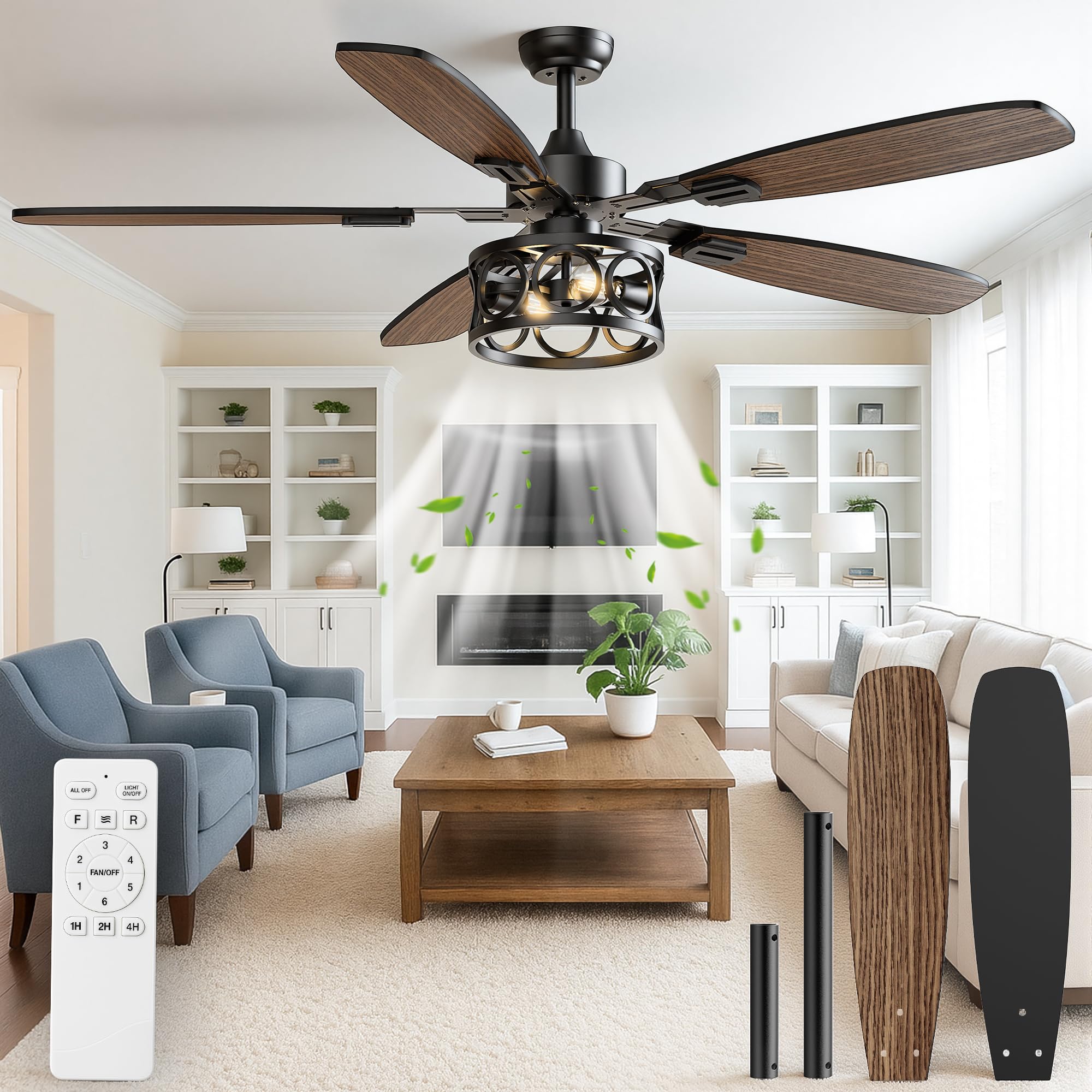 Photo 1 of Ceiling Fans with Lights and Remote, 52'' Vintage Caged Ceiling Fan with Light, 5 Blades, 6+1 Speed, Flush Mount Ceiling Fan Whisper-quiet for Farmhouse, Living Room, Kitchen and Porch (52 Inch)