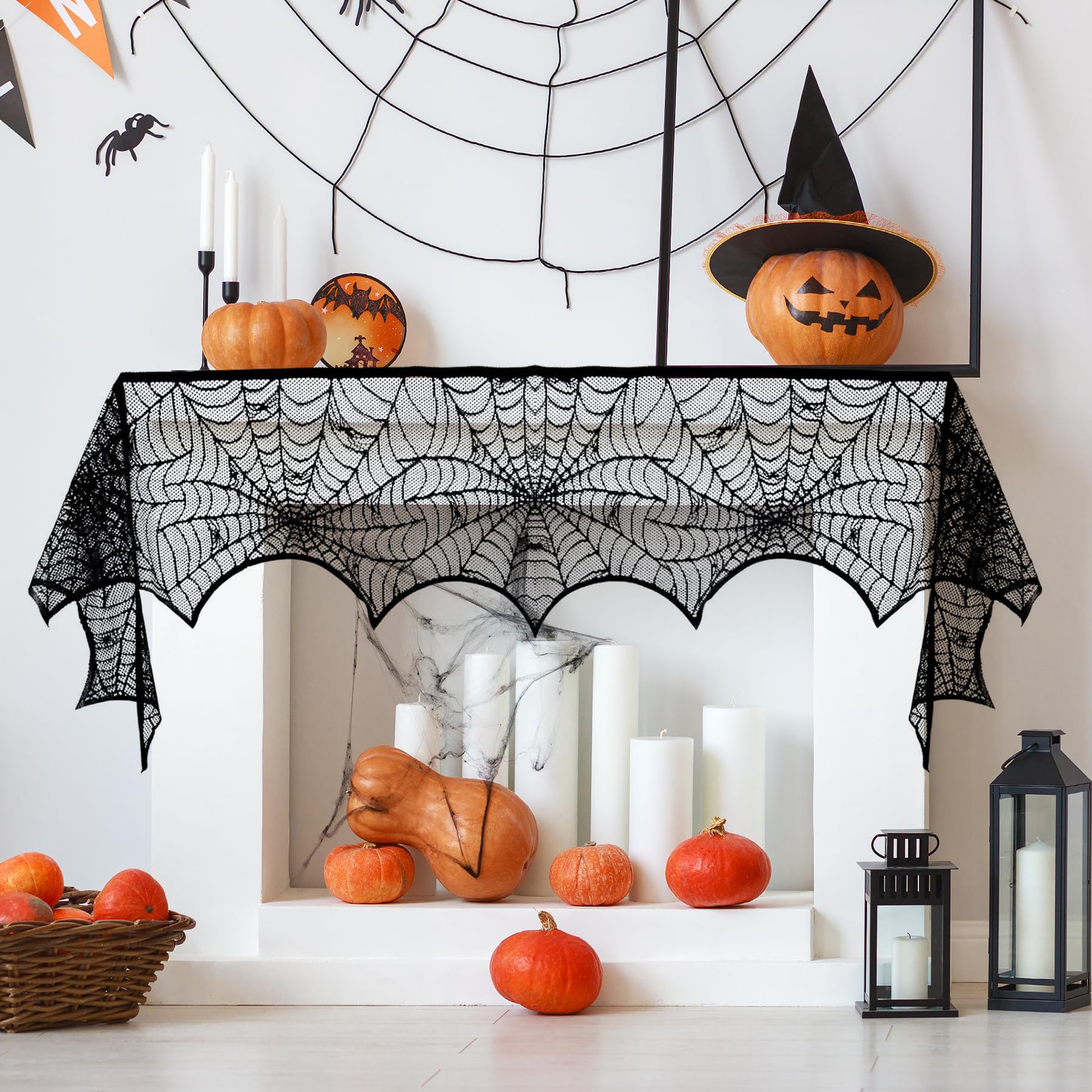 Halloween Fireplace Scarf, Black Lace Spiderweb Fireplace Mantle, Cobweb Fireplace Scarf for Halloween Party Door Window Decoration 18 x 96 inch